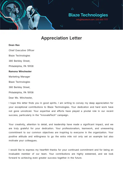 Free Appreciation Letter  Template to Edit Online