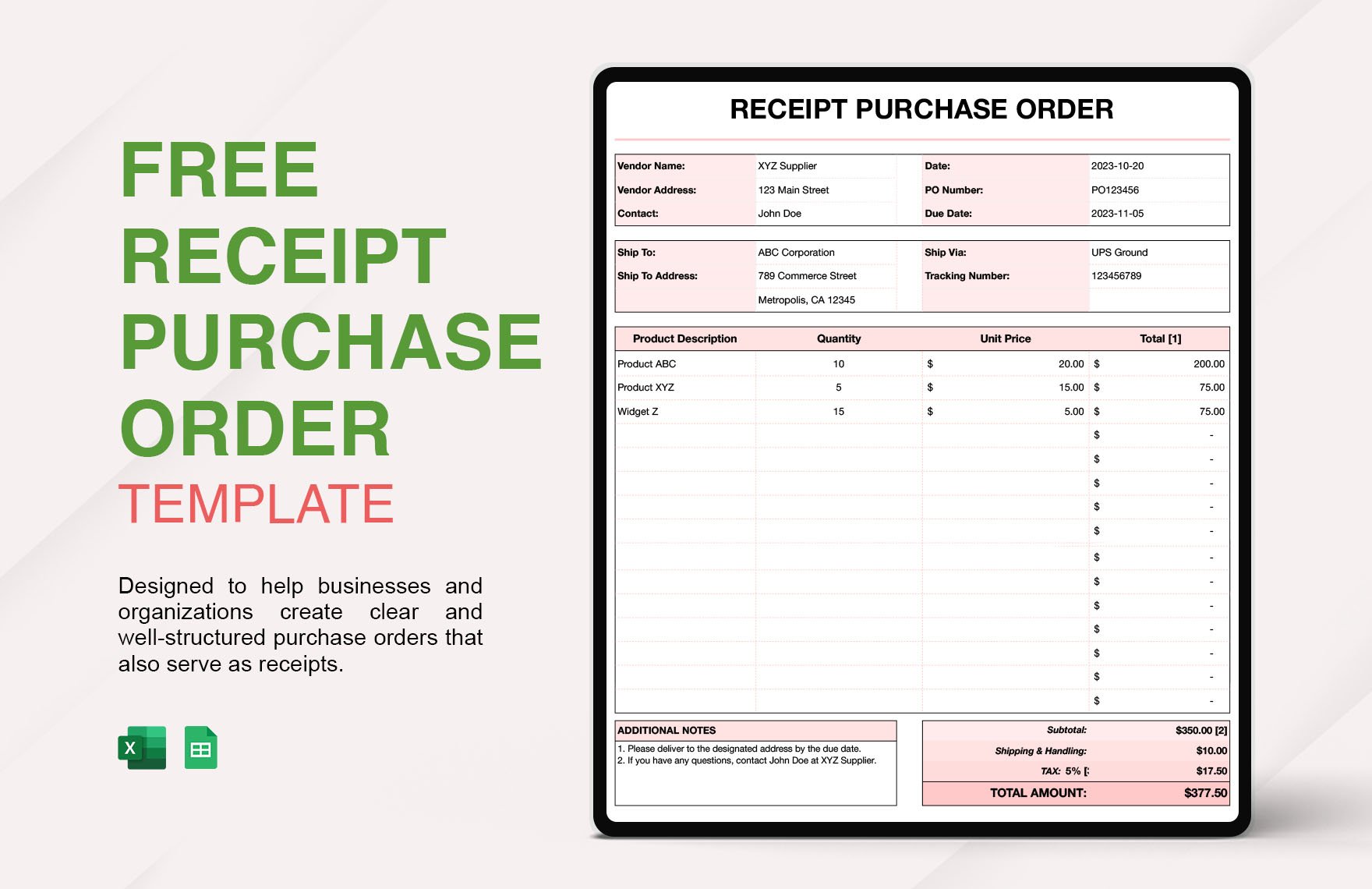 Receipt Purchase Order Template