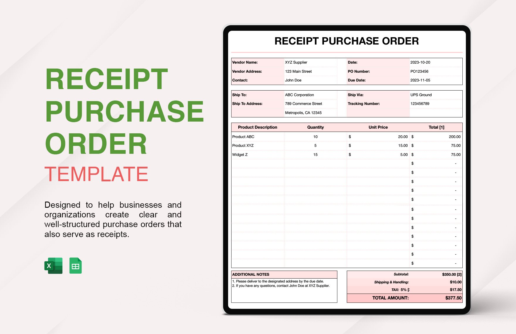 Free Receipt Purchase Order Template in Excel, Google Sheets
