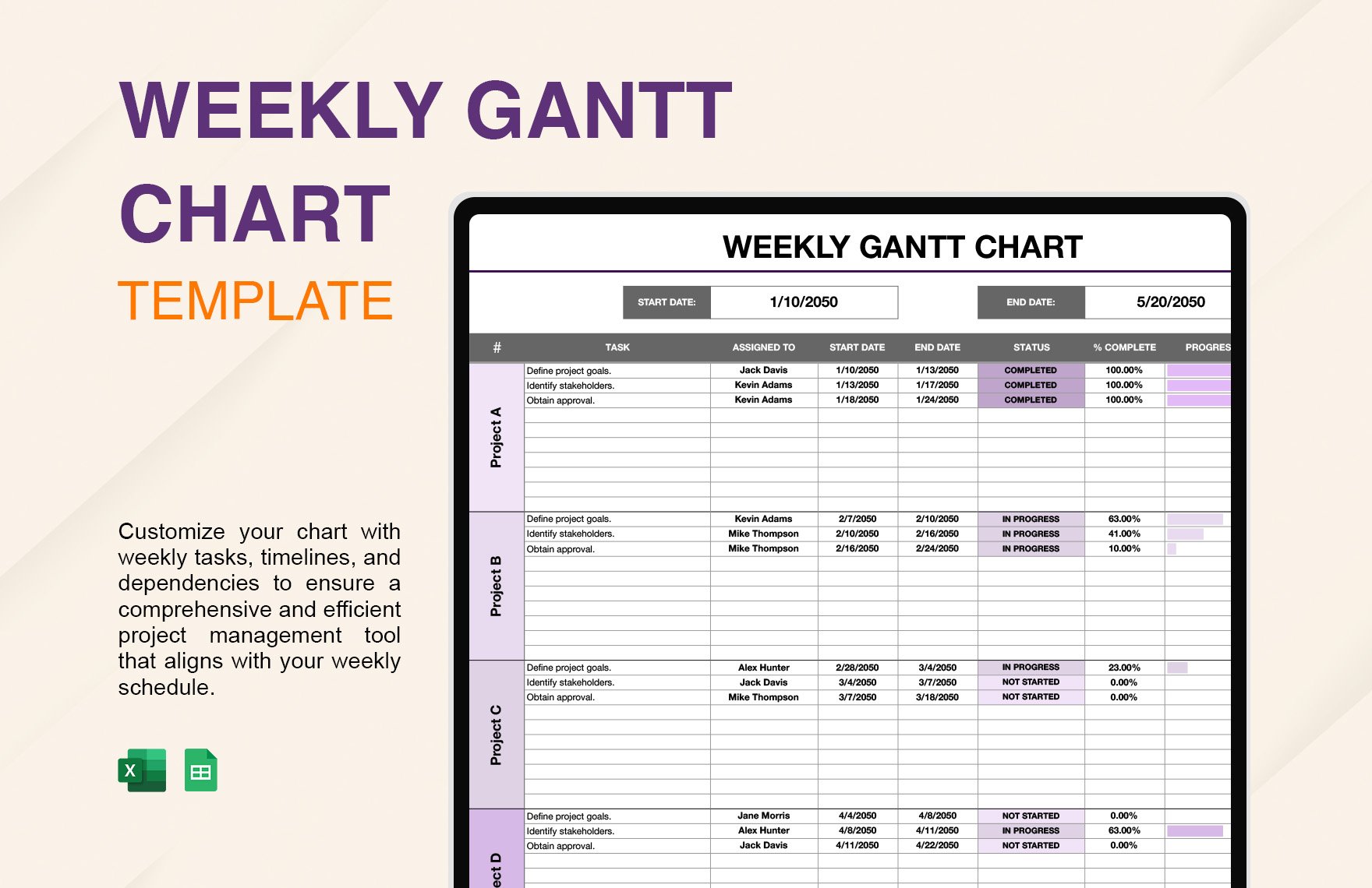 Free Weekly Gantt Chart Template in Excel, Google Sheets