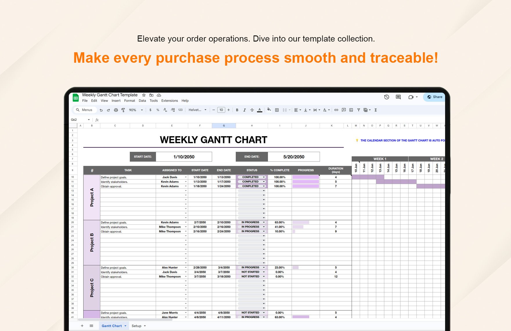 Weekly Gantt Chart Template in Excel, Google Sheets - Download ...