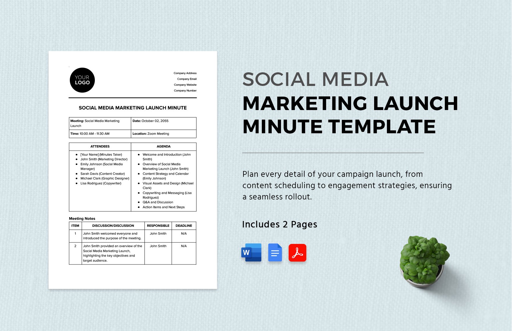 Social Media Marketing Launch Minute Template in Word, Google Docs, PDF