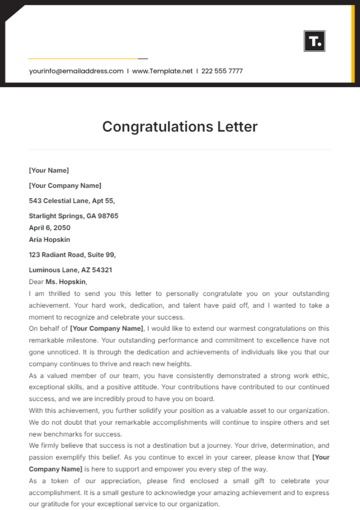 Congratulations Letter Template - Edit Online & Download