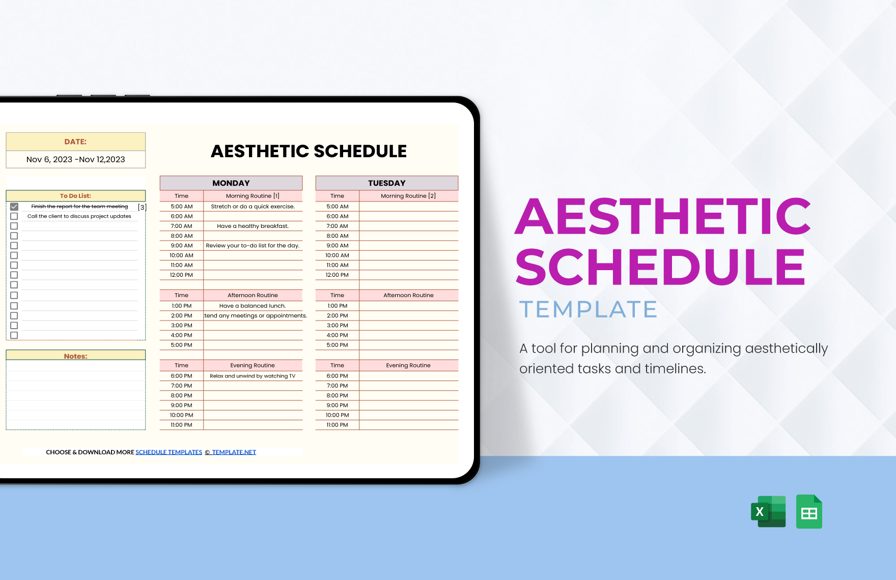 Free Aesthetic Schedule Template in Excel, Google Sheets
