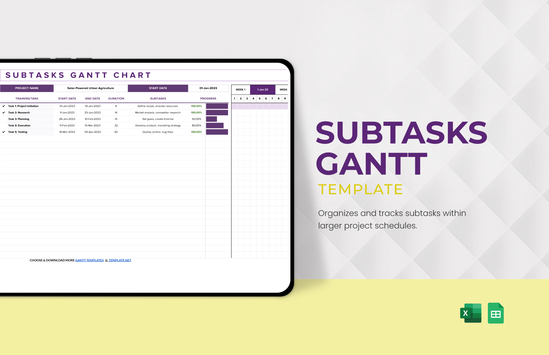 Free Subtasks Gantt Template in Excel, Google Sheets