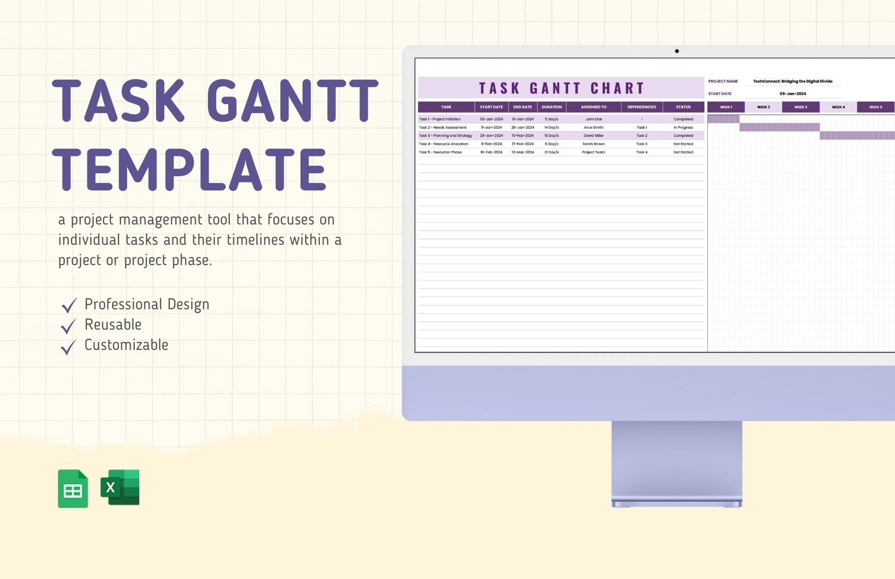 Task Gantt Template in Excel, Google Sheets