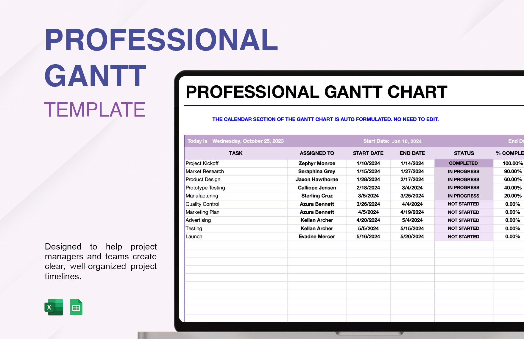 Professional Gantt Template in Excel, Google Sheets
