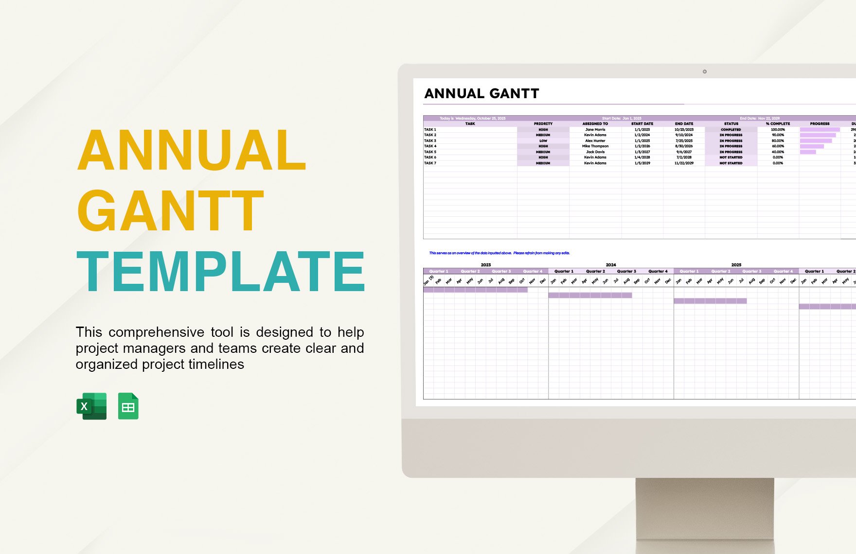 Free Annual Gantt Template in Excel, Google Sheets