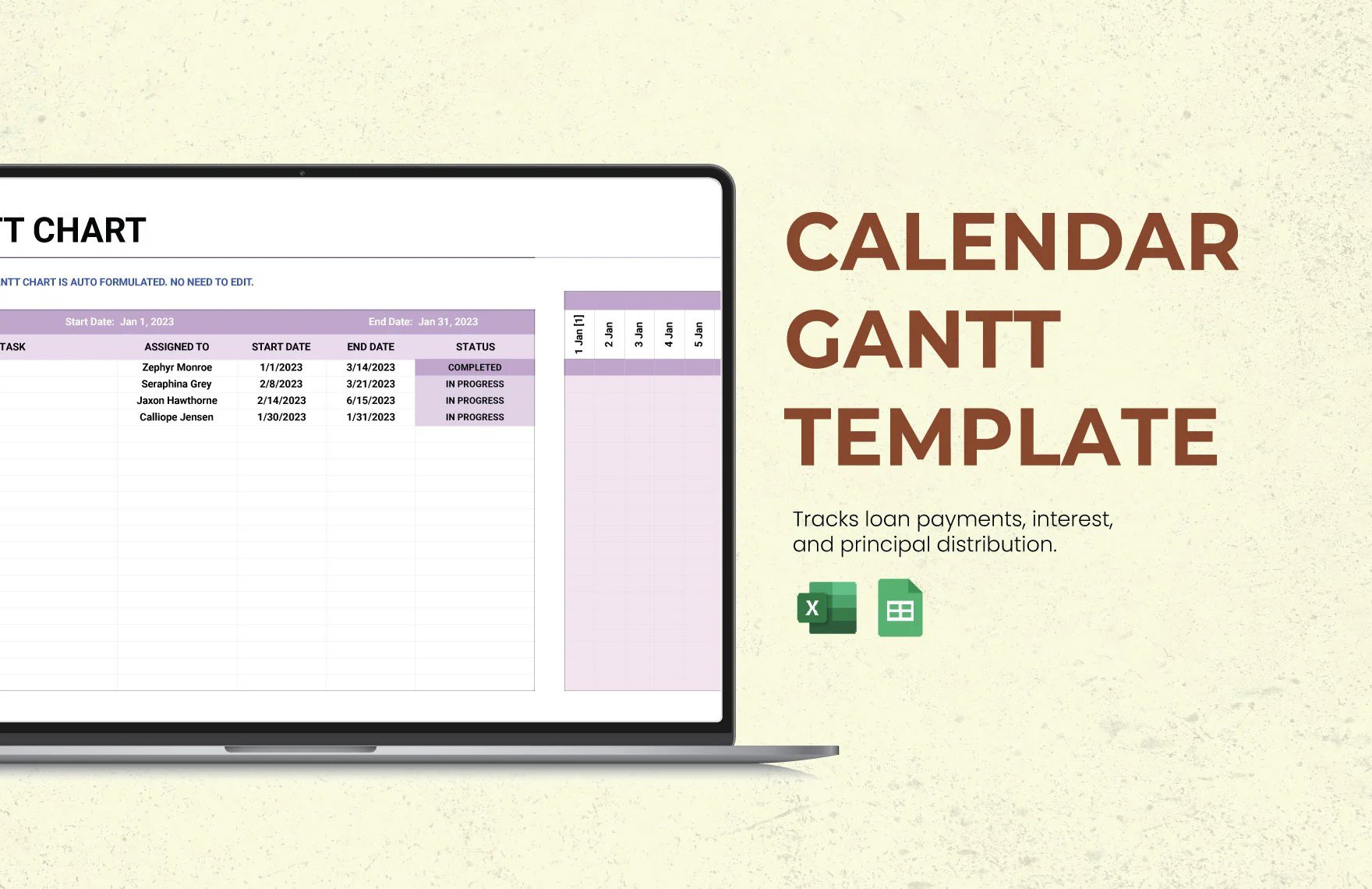Free Calendar Gantt Template in Excel, Google Sheets