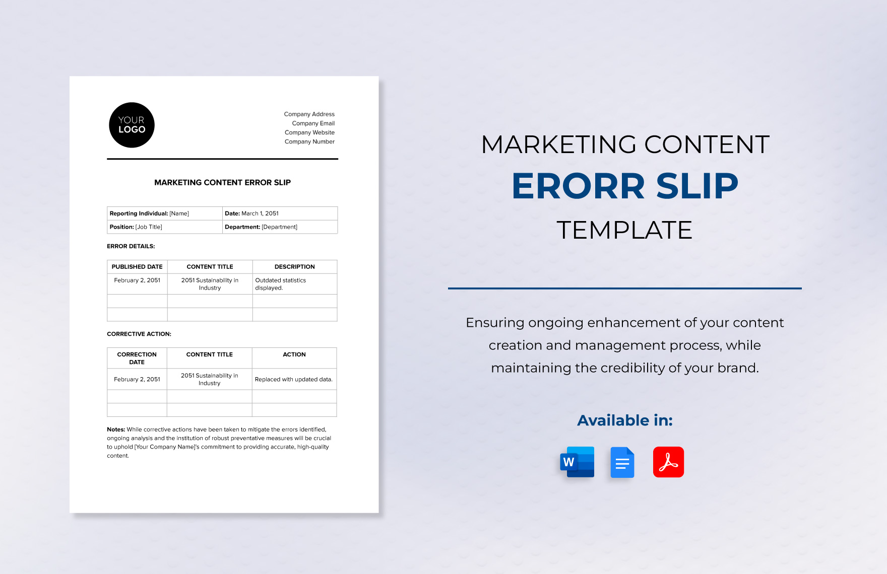 Marketing Content Error Slip Template in Word, Google Docs, PDF