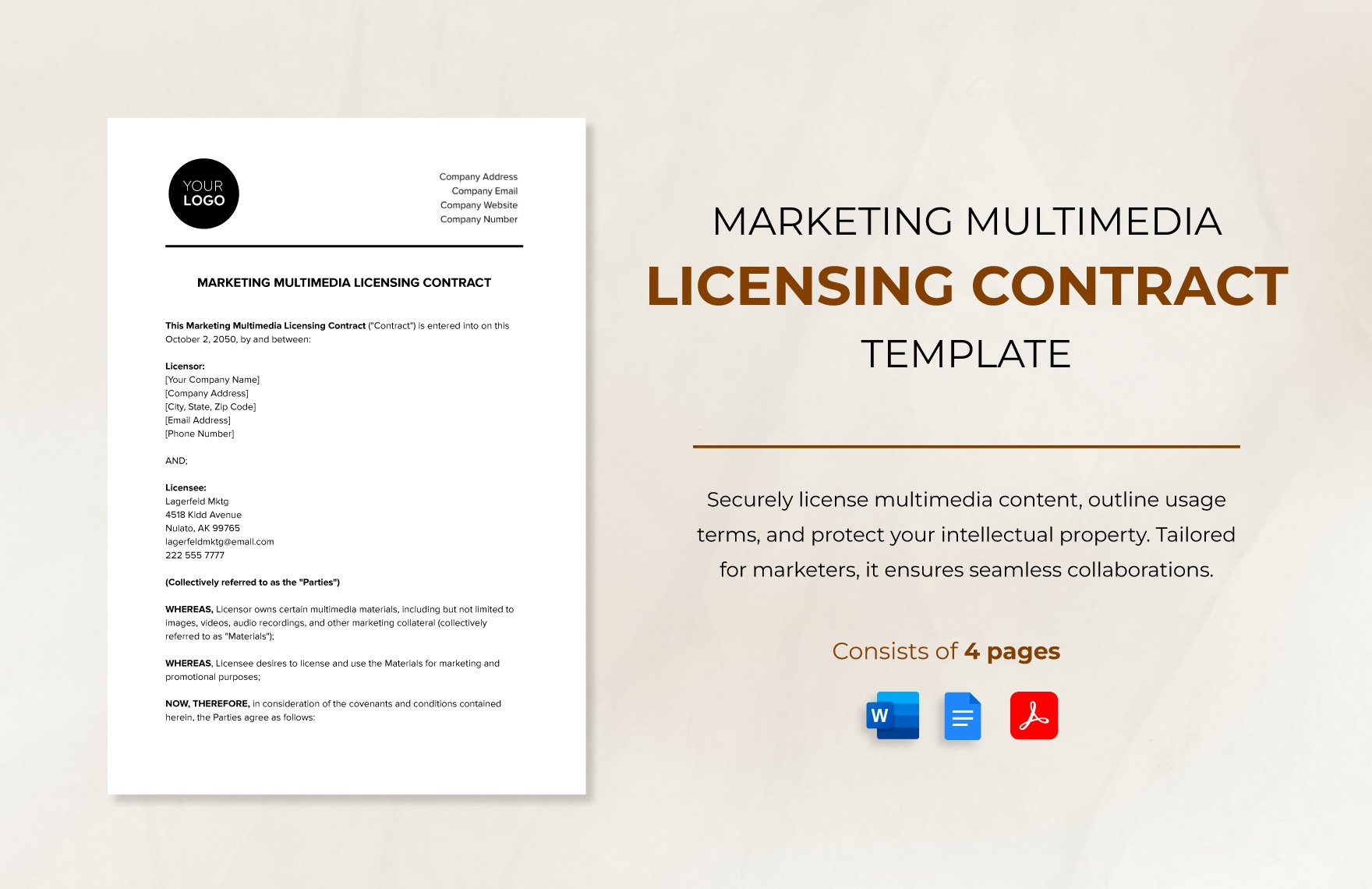 Marketing Multimedia Licensing Contract Template in Word, Google Docs, PDF