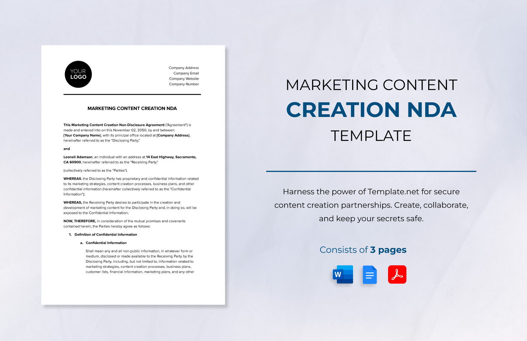 Marketing Content Creation NDA Template in Word, Google Docs, PDF