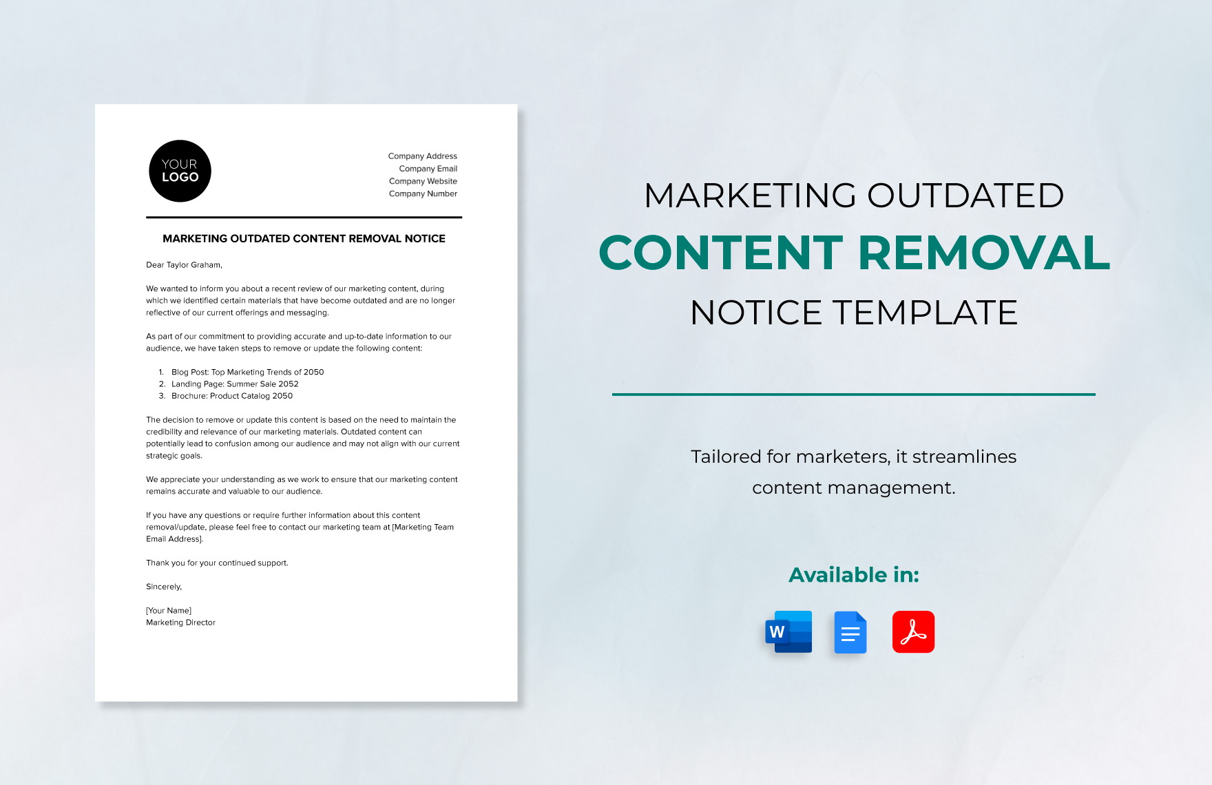 Marketing Outdated Content Removal Notice Template in Word, Google Docs, PDF