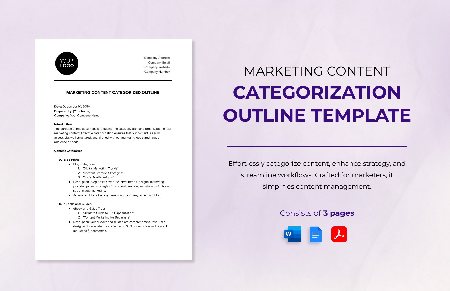 Marketing Content Categorization Outline Template in Word, Google Docs, PDF