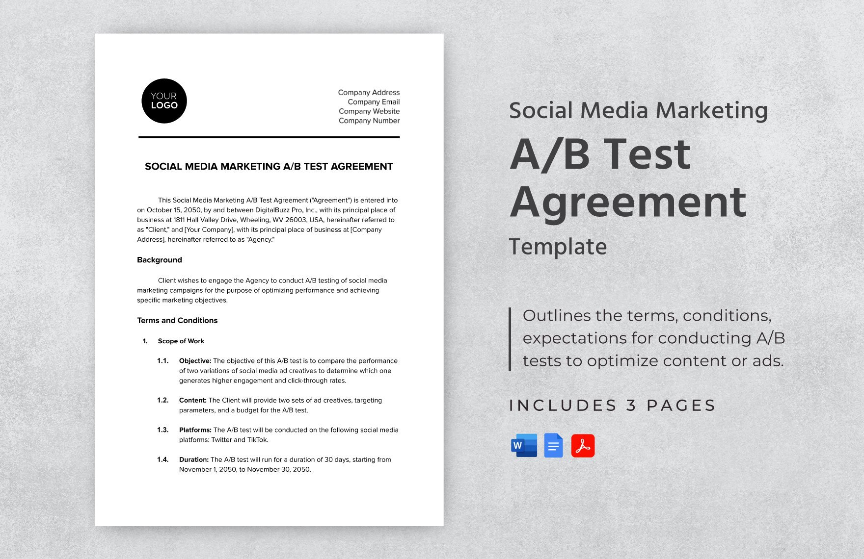 Social Media Marketing A/B Test Agreement Template in Word, Google Docs, PDF