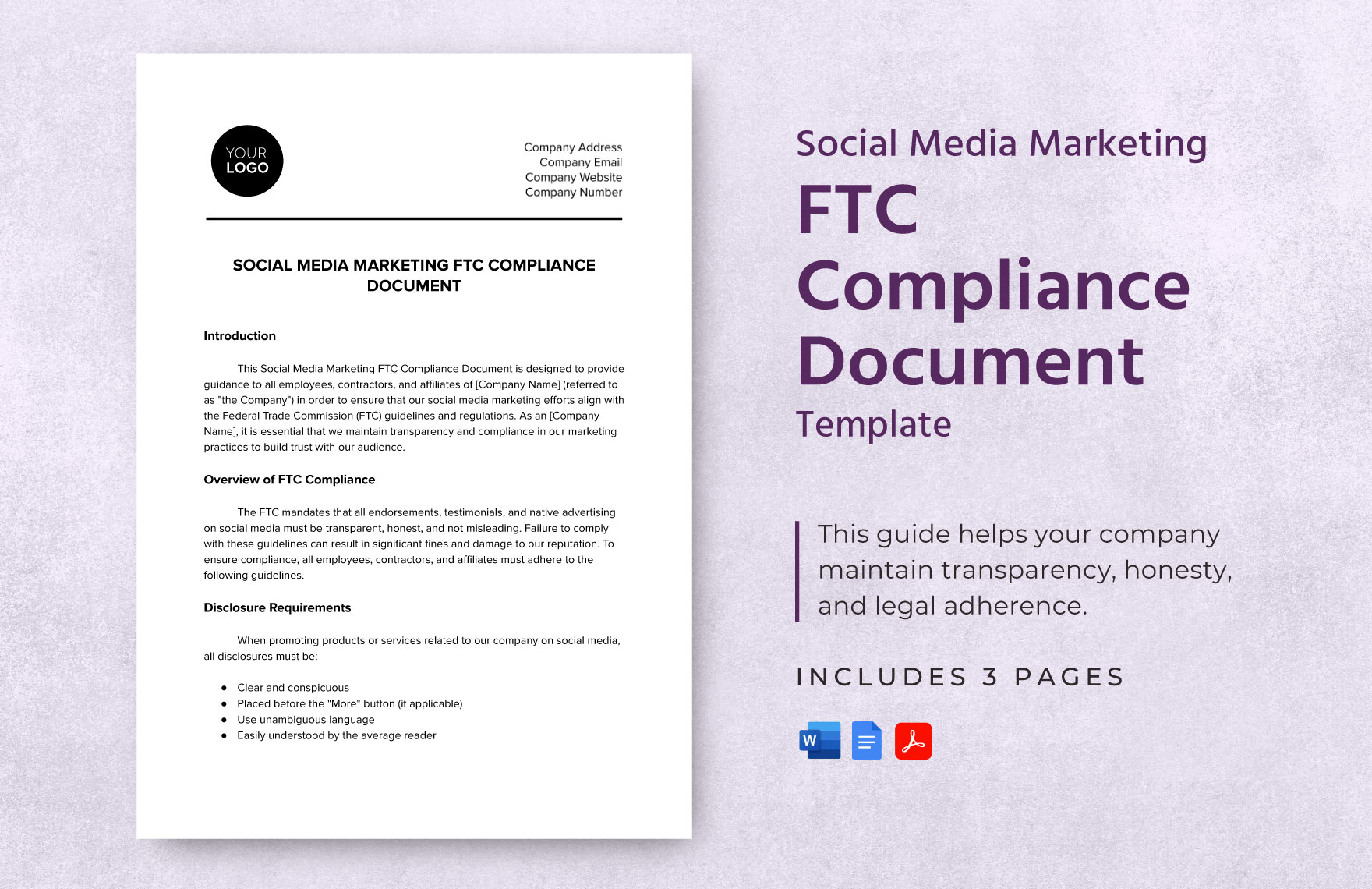 Social Media Marketing FTC Compliance Document Template in Word, Google Docs, PDF