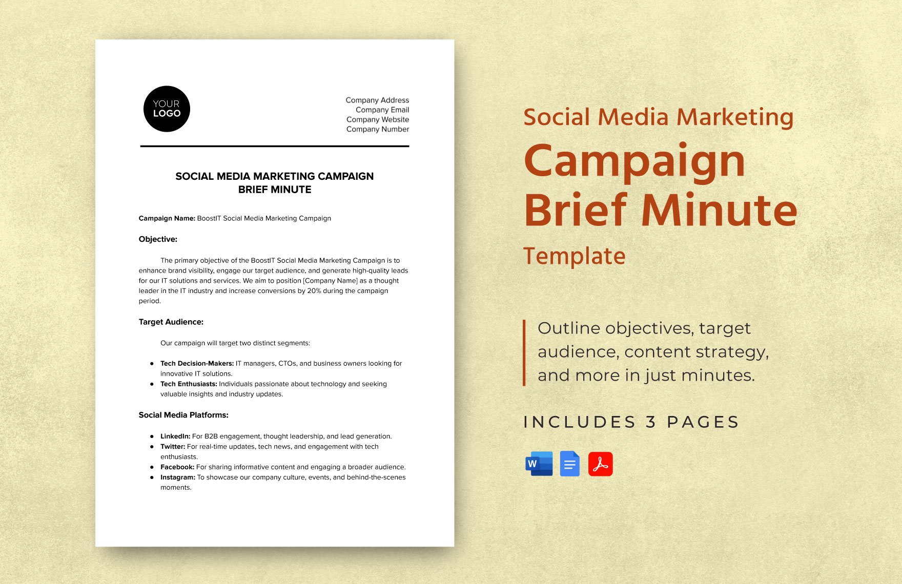 Social Media Marketing Campaign Brief Minute Template in Word, Google Docs, PDF