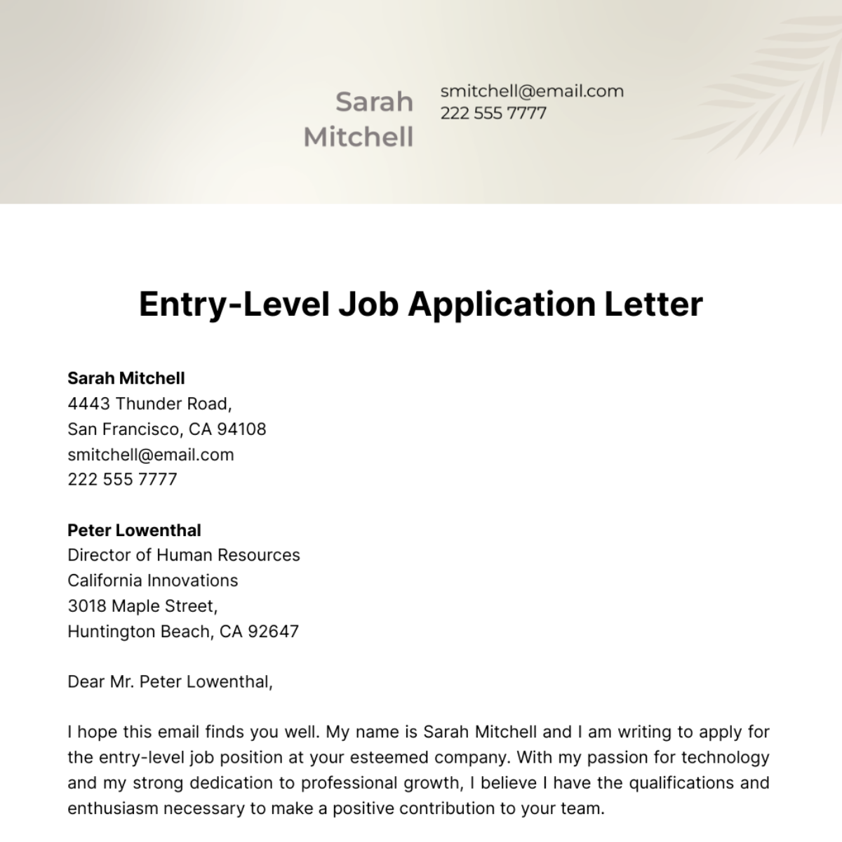 Entry-Level Job Application Letter  Template
