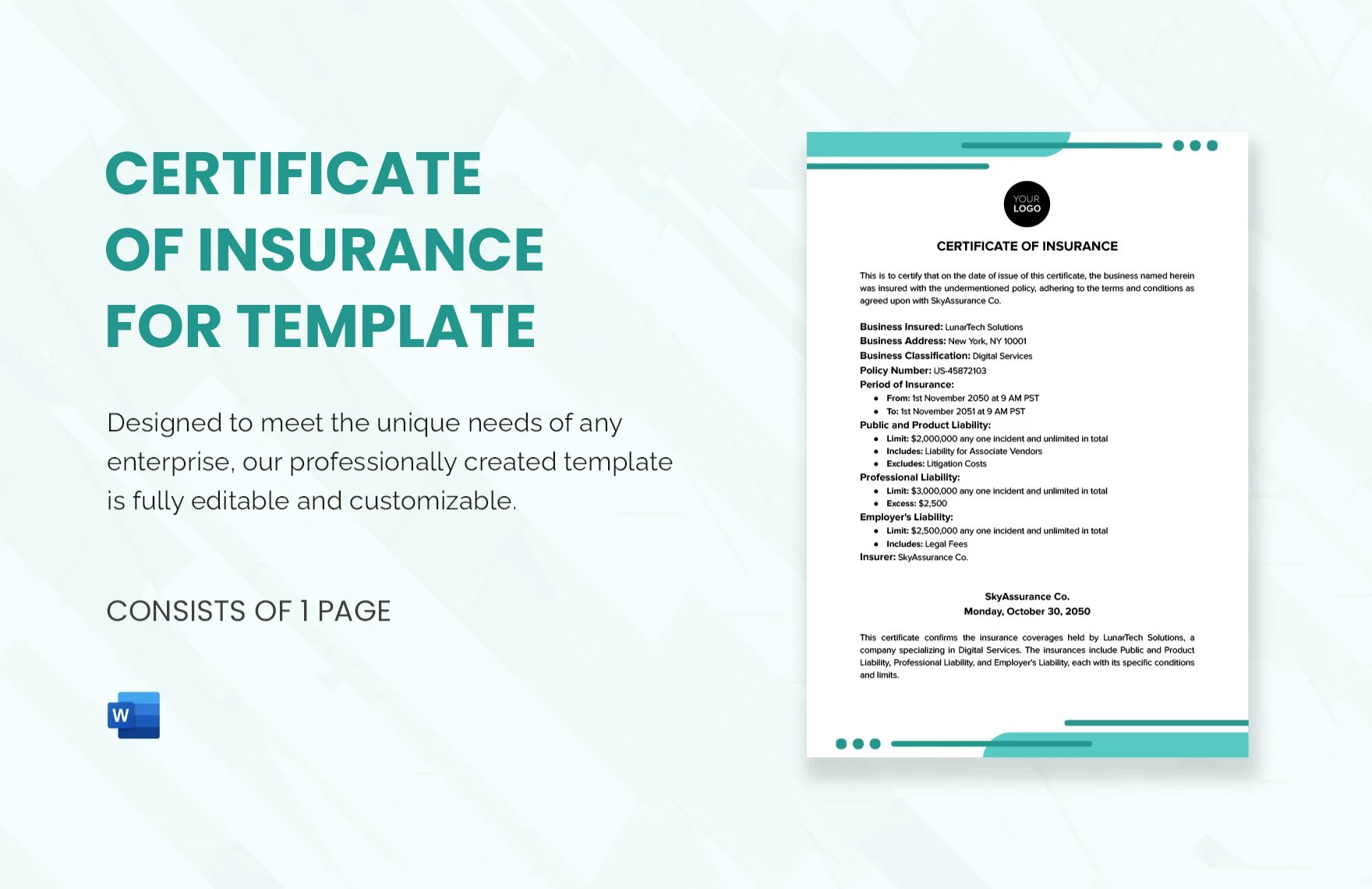 Certificate of Insurance for Business Template in Word