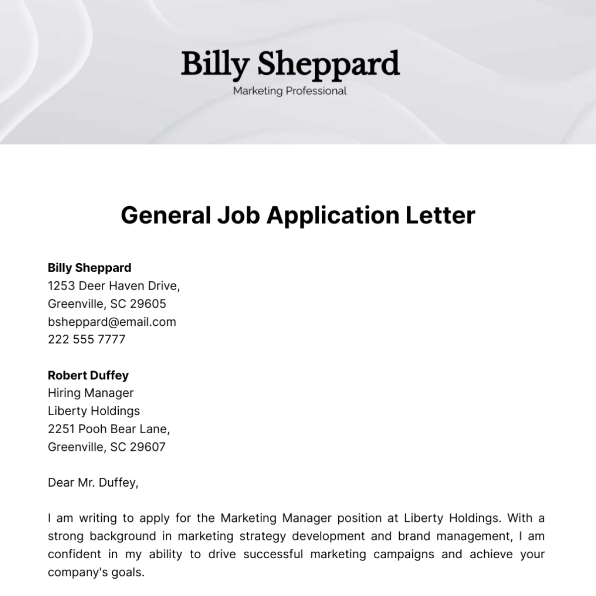 General Job Application Letter  Template