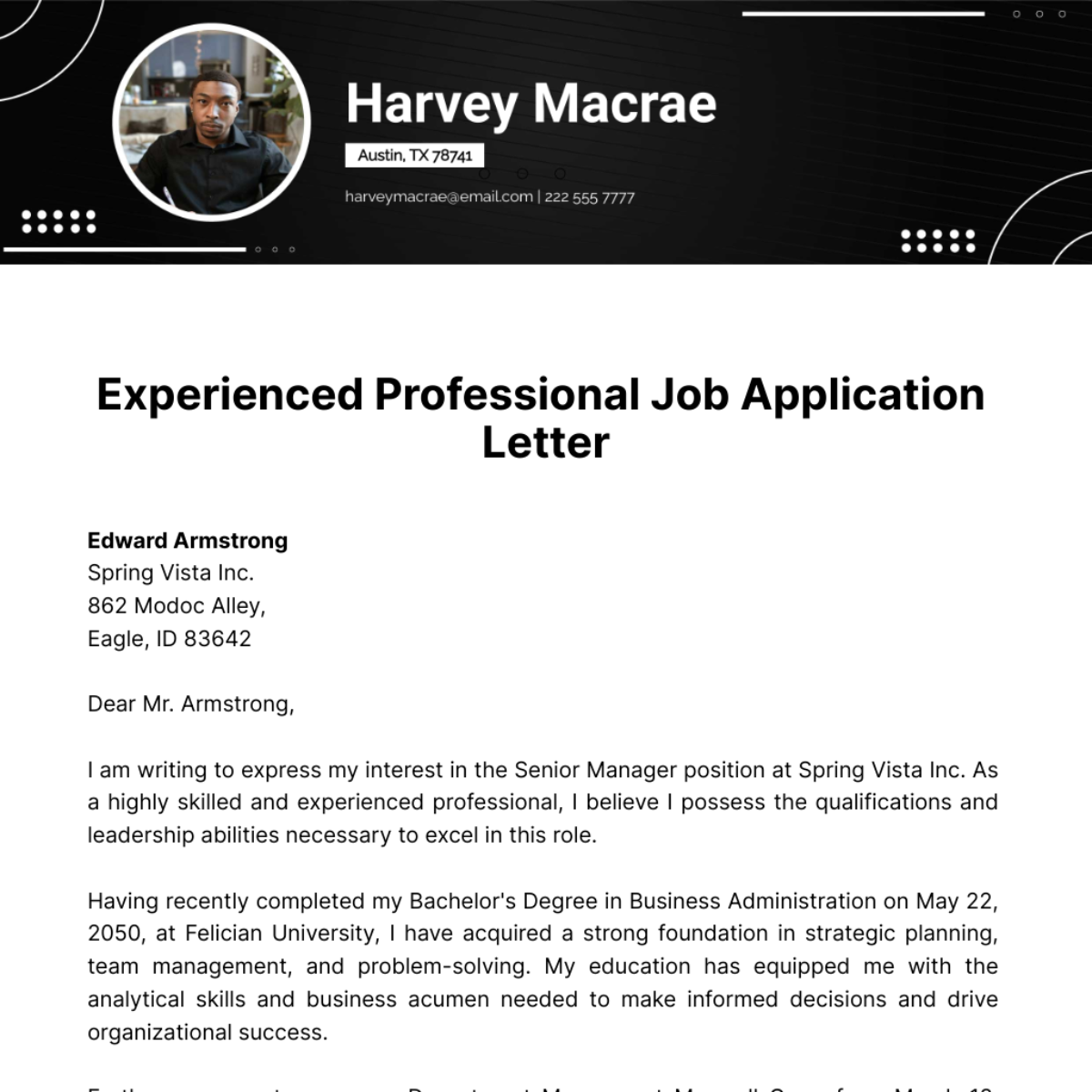 Experienced Professional Job Application Letter  Template