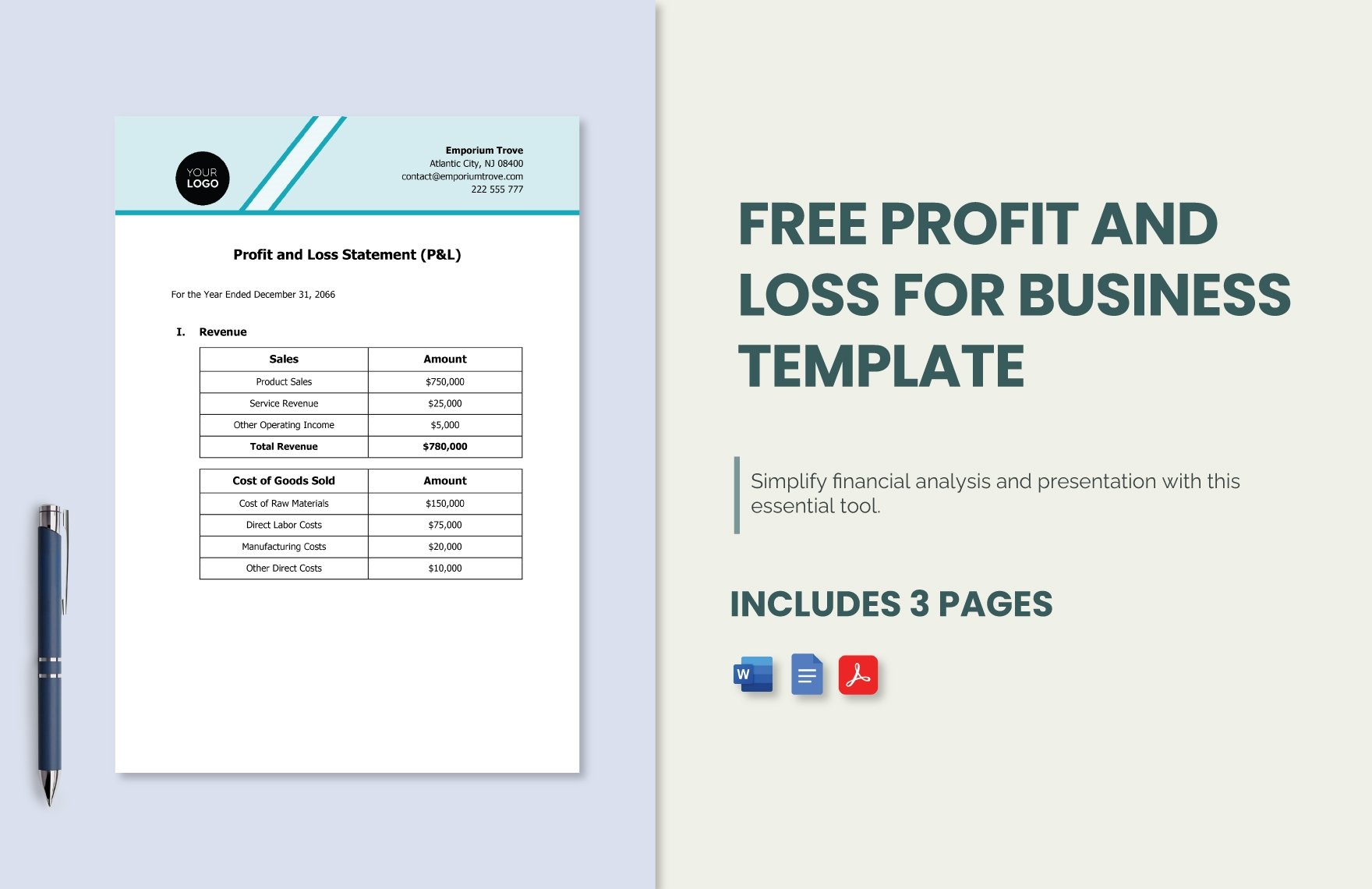 Profit and Loss for Business Template