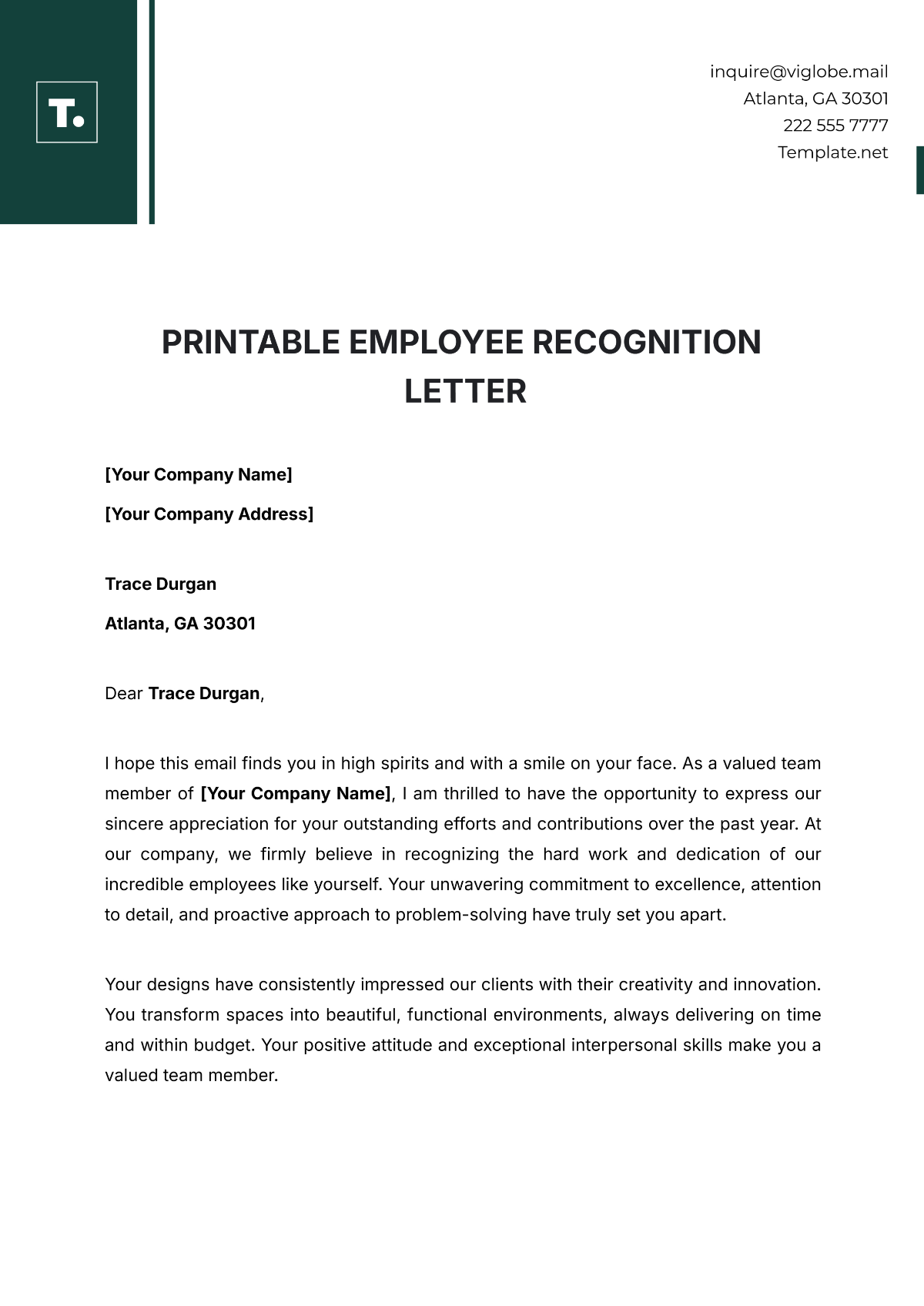 Printable Employee Recognition Letter Template - Edit Online & Download