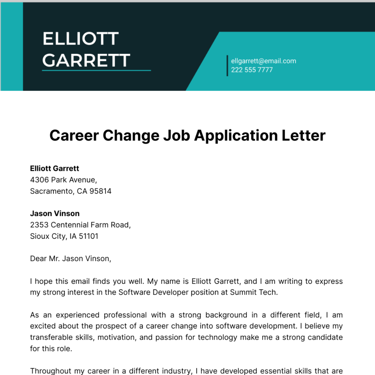 Career Change Job Application Letter  Template