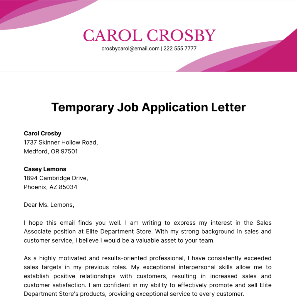 Temporary Job Application Letter  Template