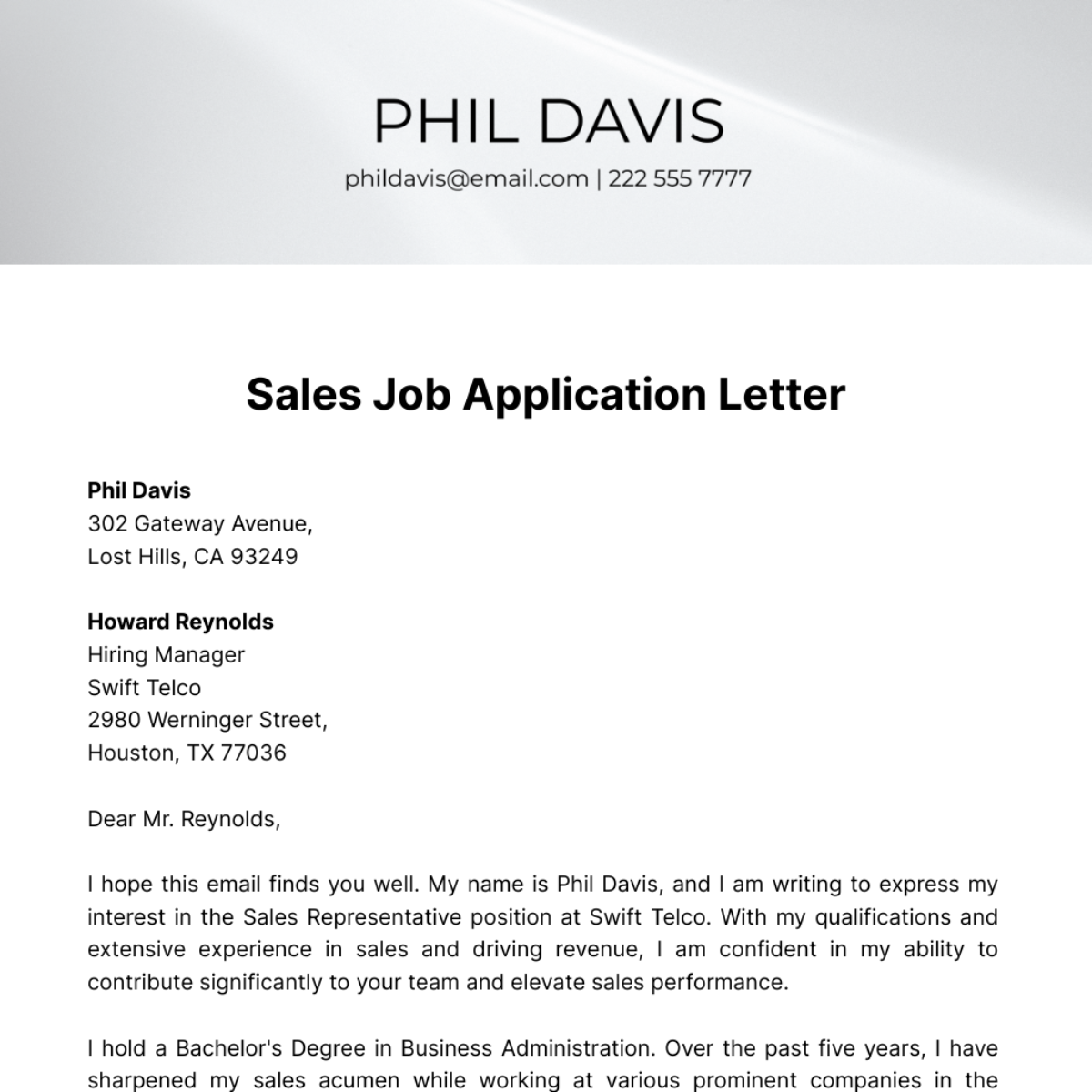 Sales Job Application Letter  Template
