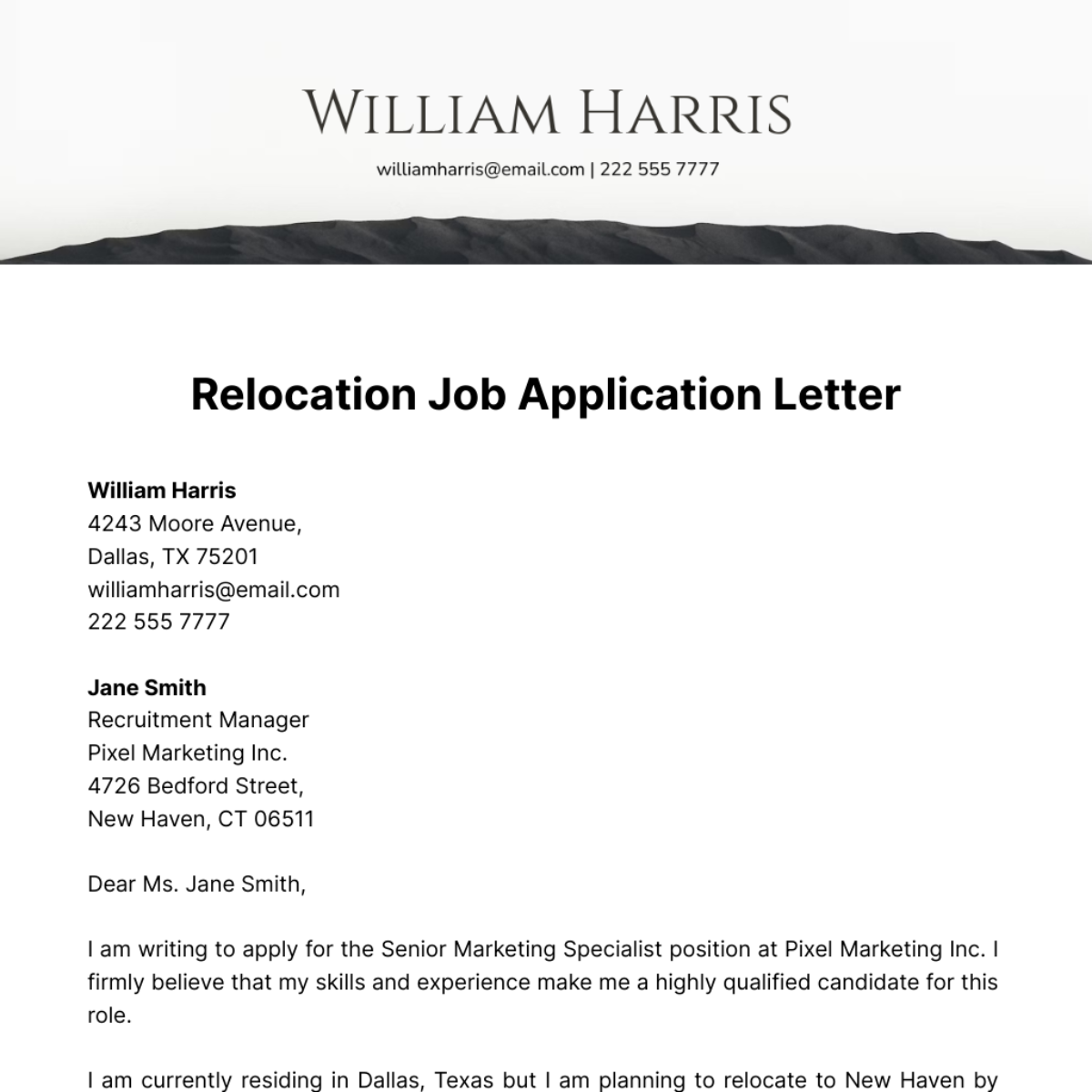 Relocation Job Application Letter  Template