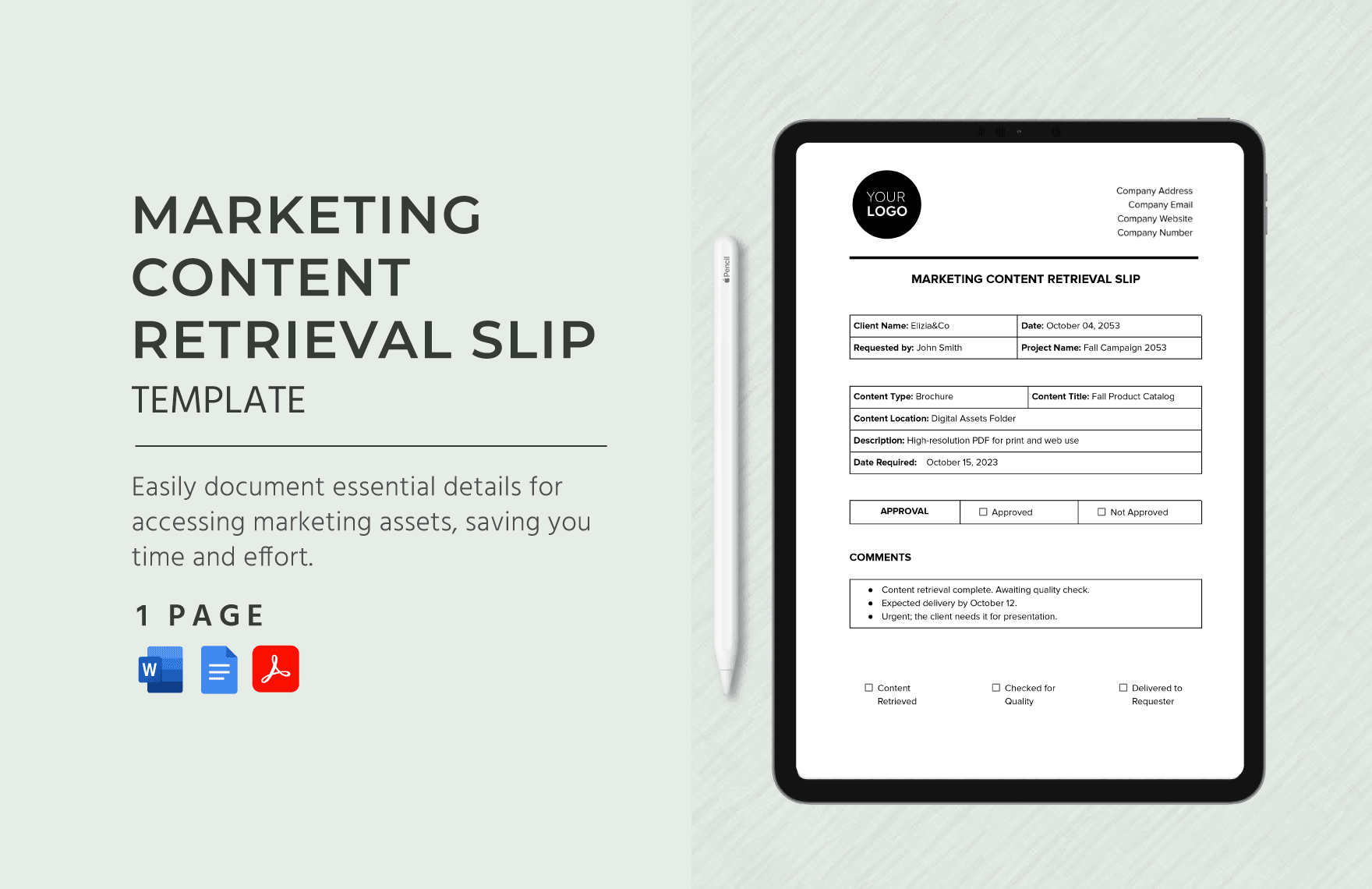 Marketing Content Retrieval Slip Template in Word, Google Docs, PDF