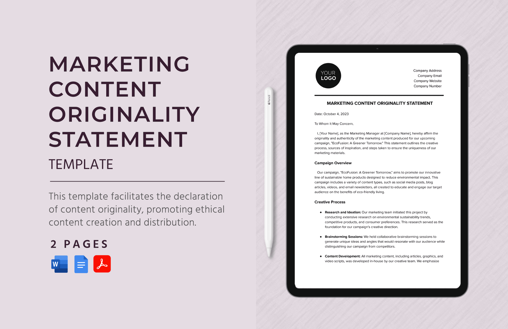 Marketing Content Originality Statement Template in Word, Google Docs, PDF