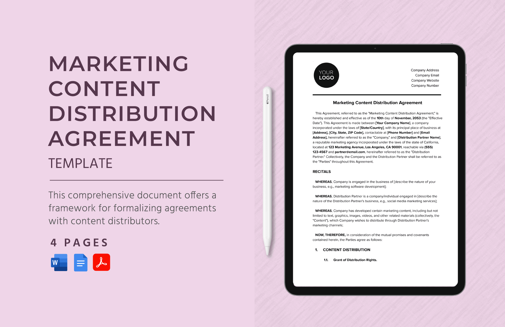 Marketing Content Distribution Agreement Template in Word, Google Docs, PDF