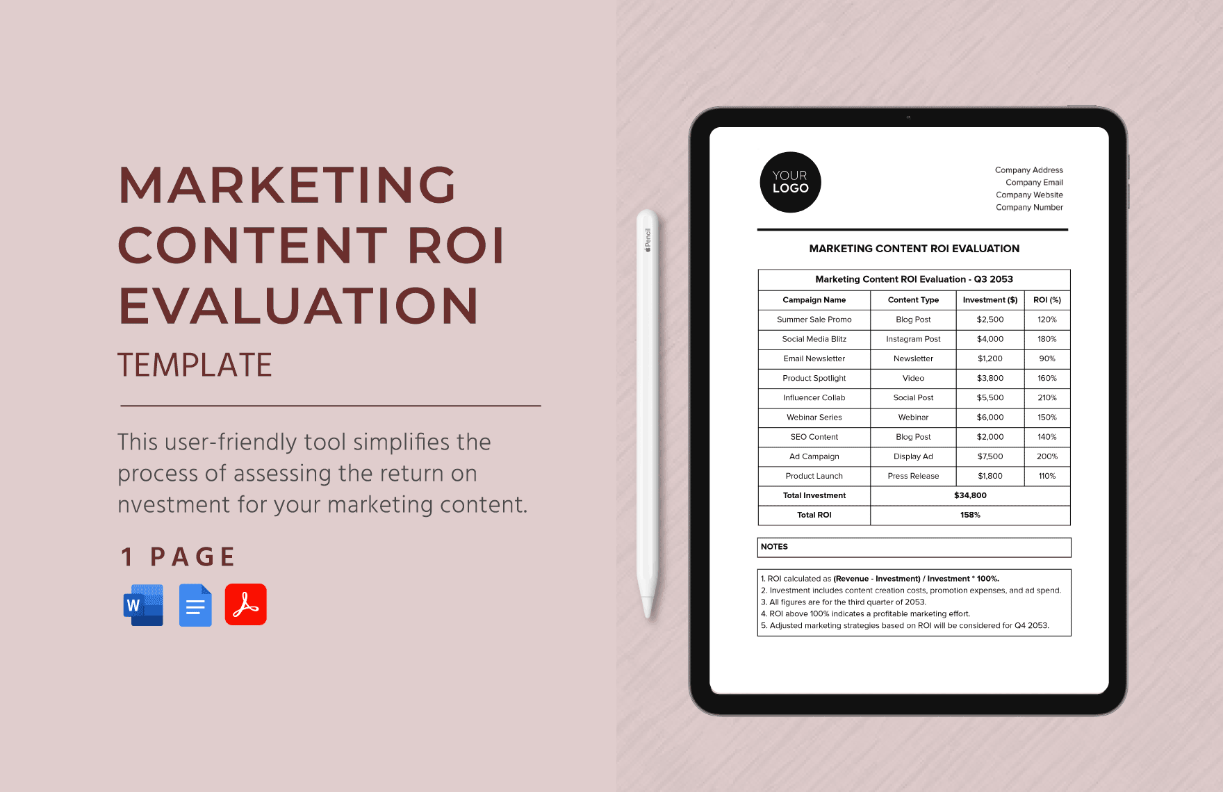 Marketing Content ROI Evaluation Template in Word, Google Docs, PDF