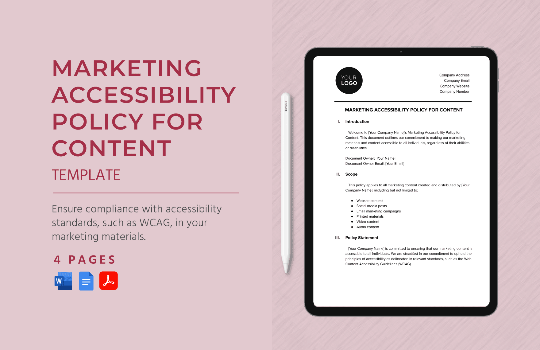 Marketing Accessibility Policy for Content Template in Word, Google Docs, PDF