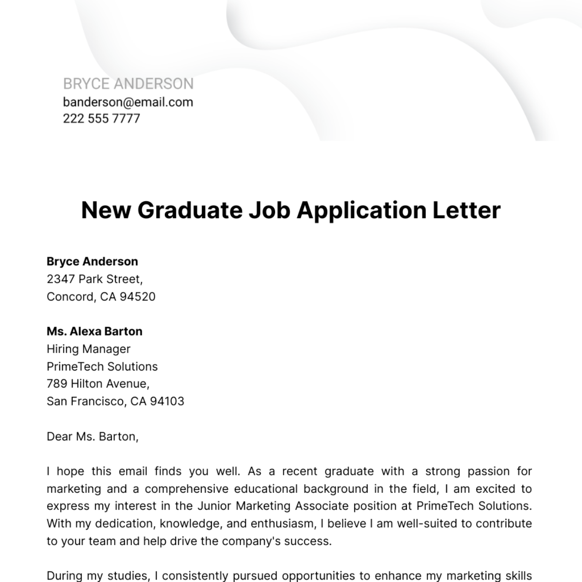 New Graduate Job Application Letter  Template