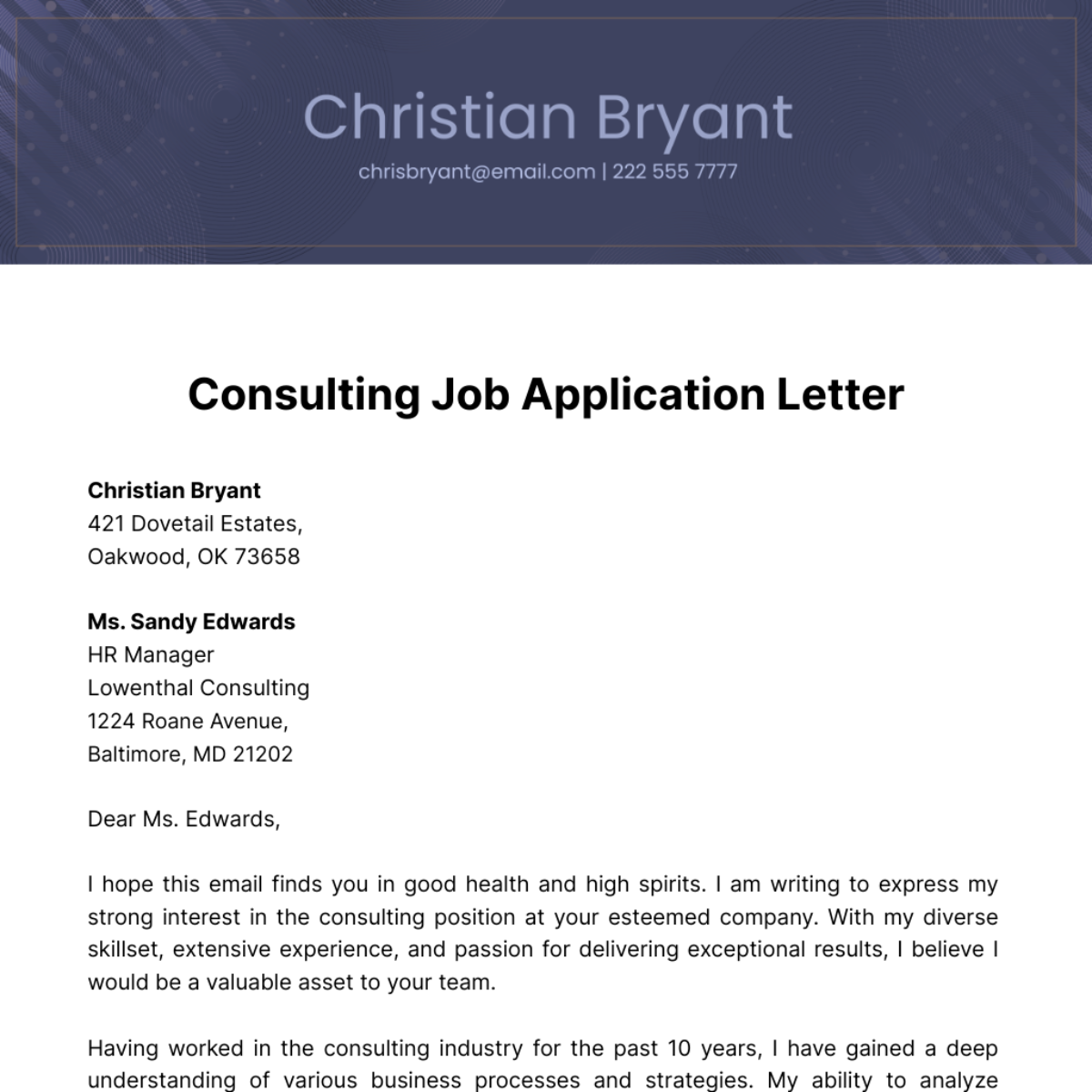 Consulting Job Application Letter  Template