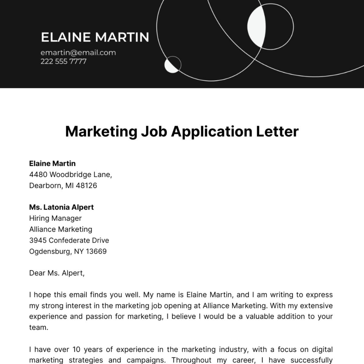 Marketing Job Application Letter  Template