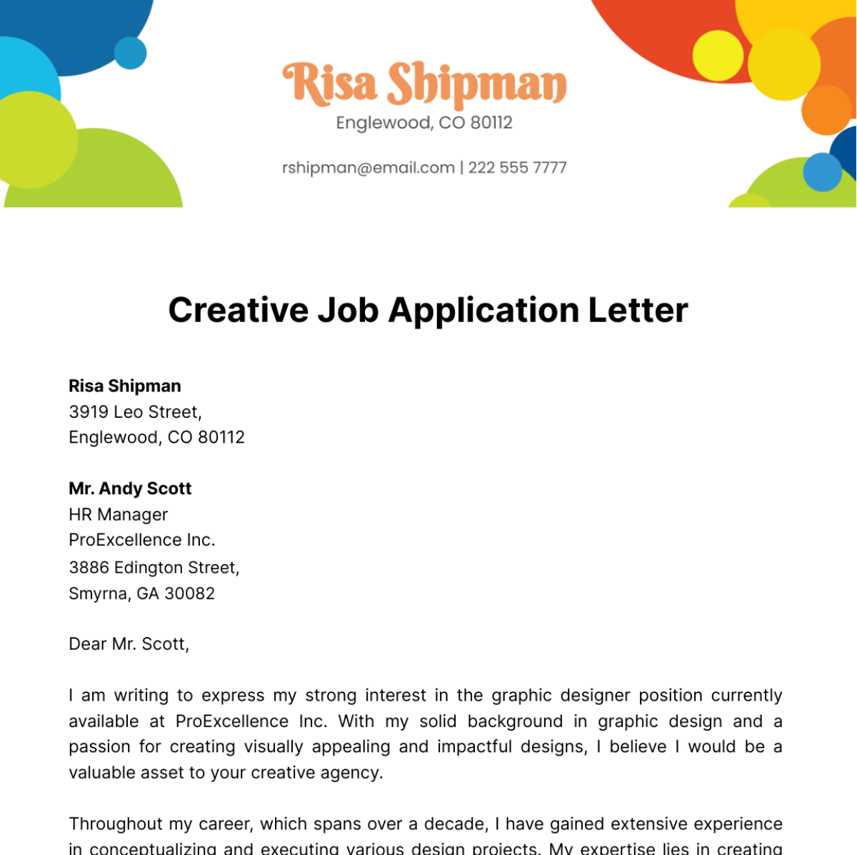 Creative Job Application Letter  Template