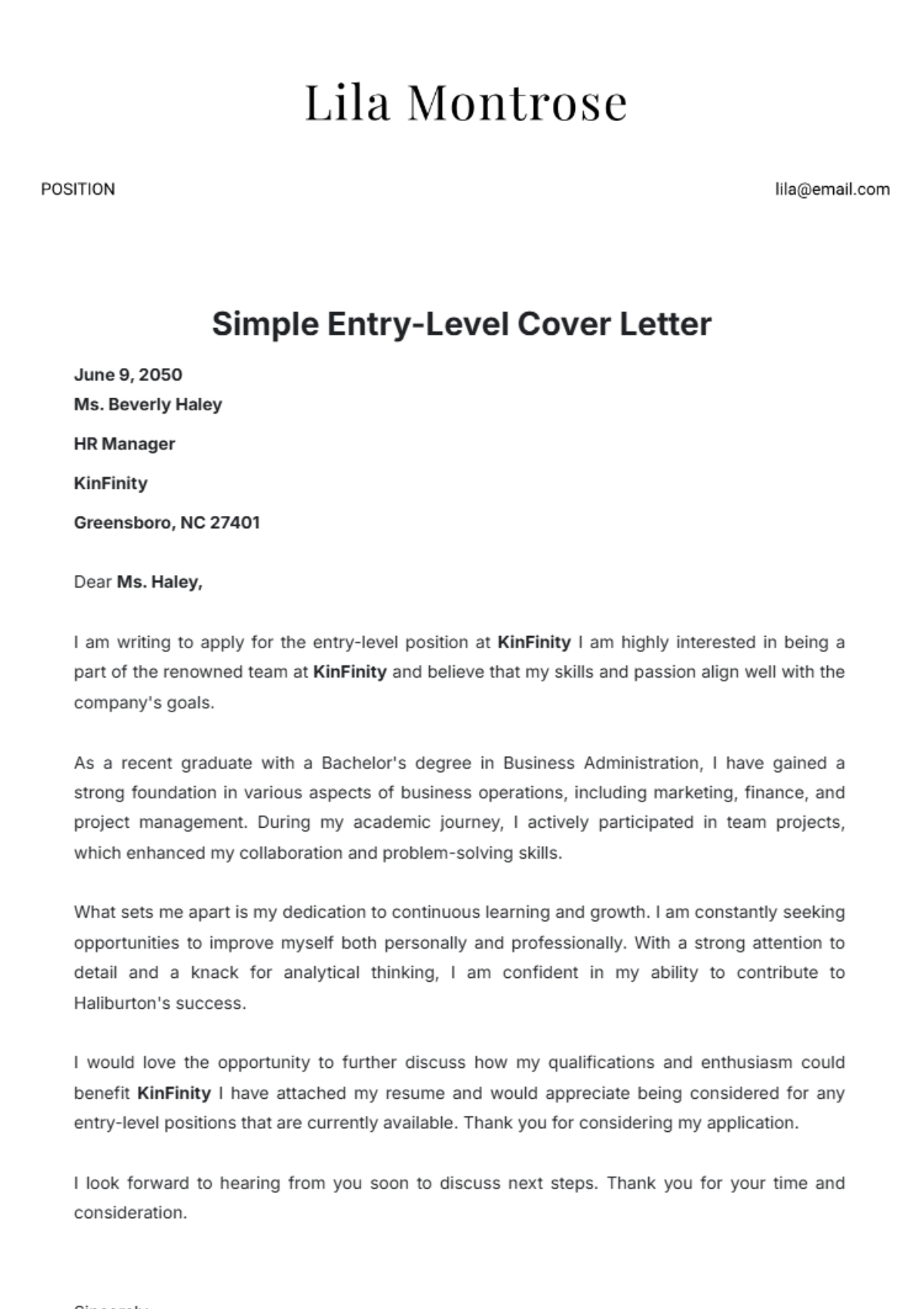 Free Simple Entry-Level Cover Letter Template