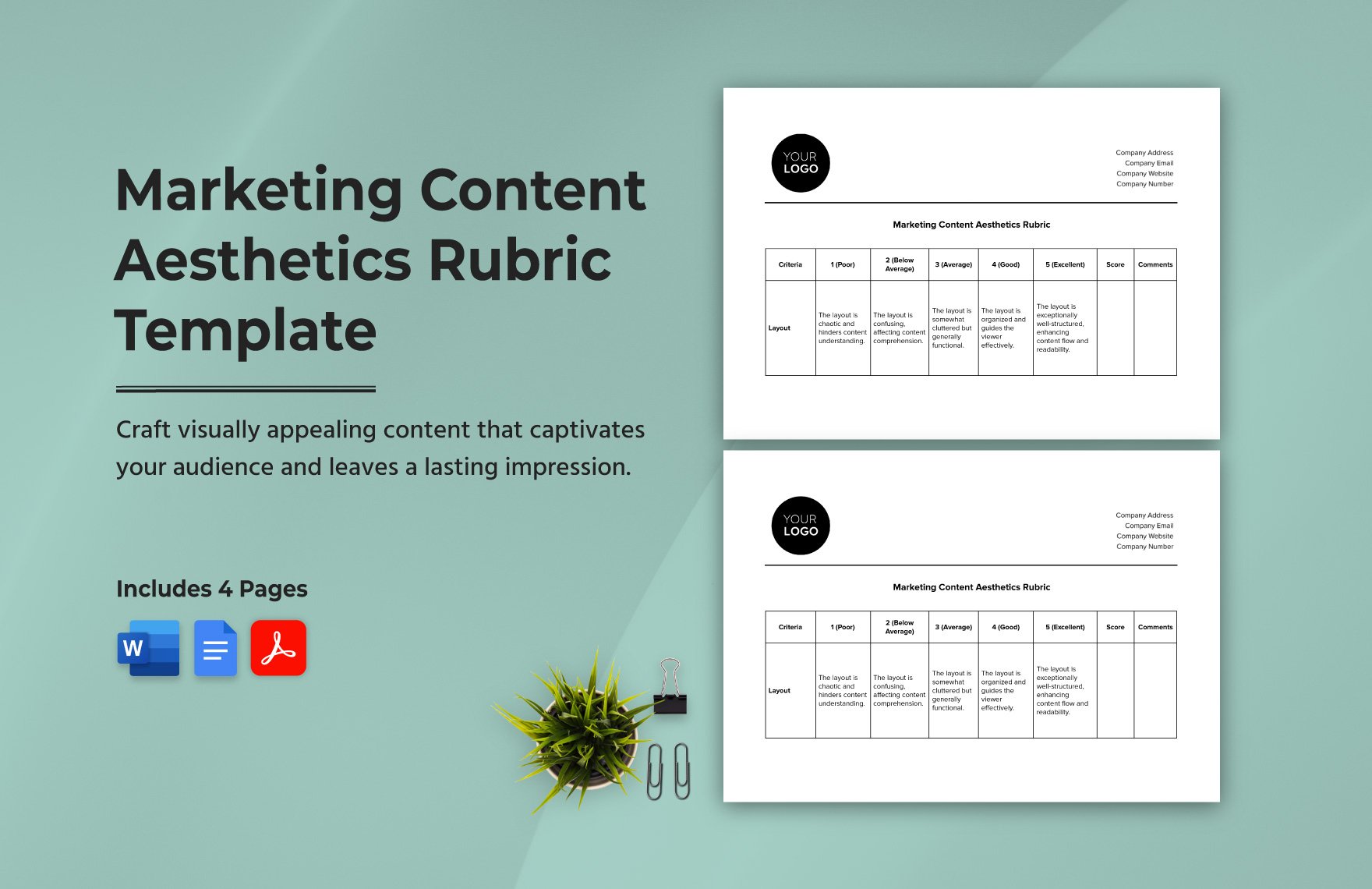 Marketing Content Aesthetics Rubric Template in Word, Google Docs, PDF