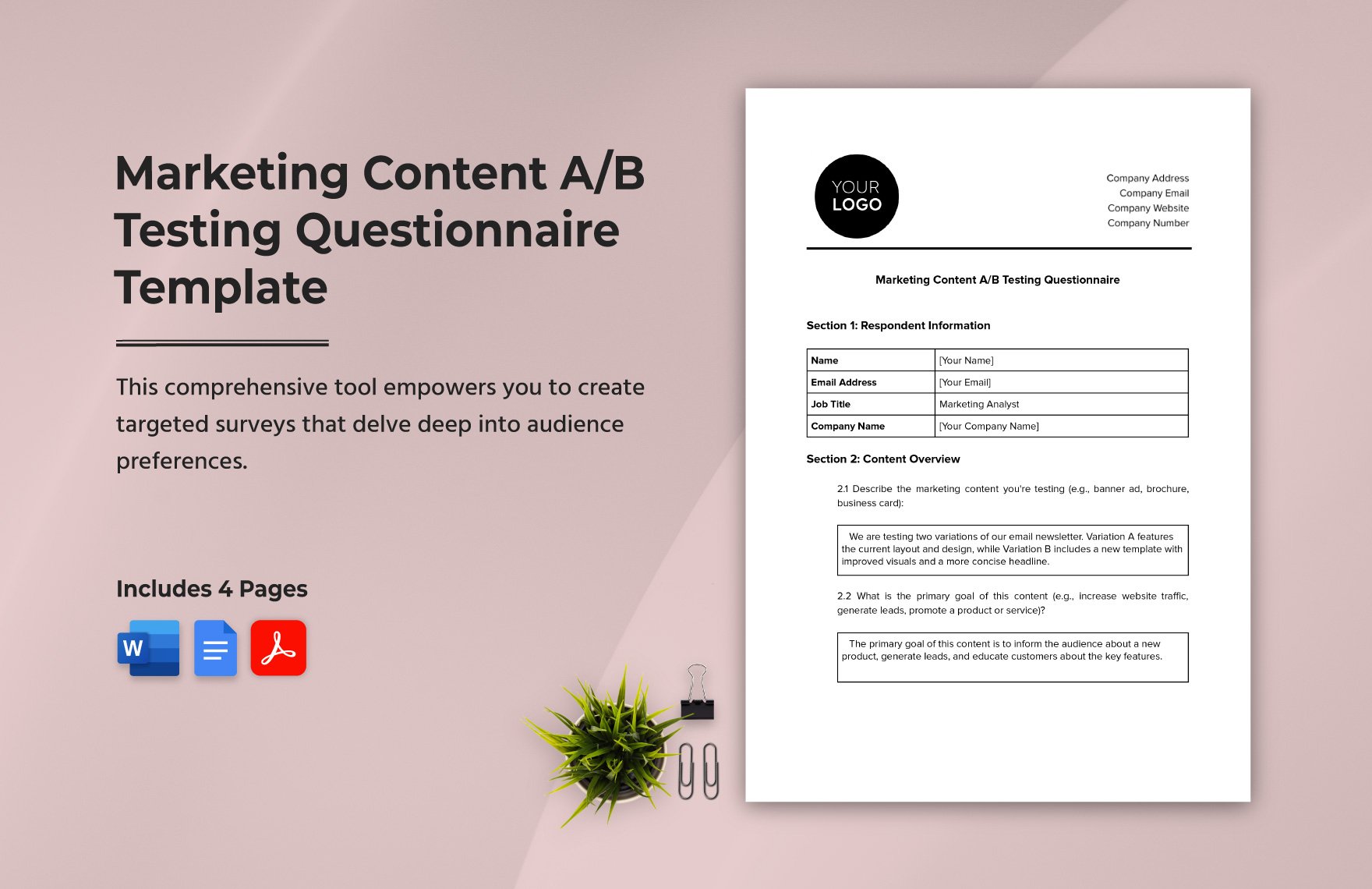 Marketing Content A/B Testing Questionnaire Template in Word, Google Docs, PDF