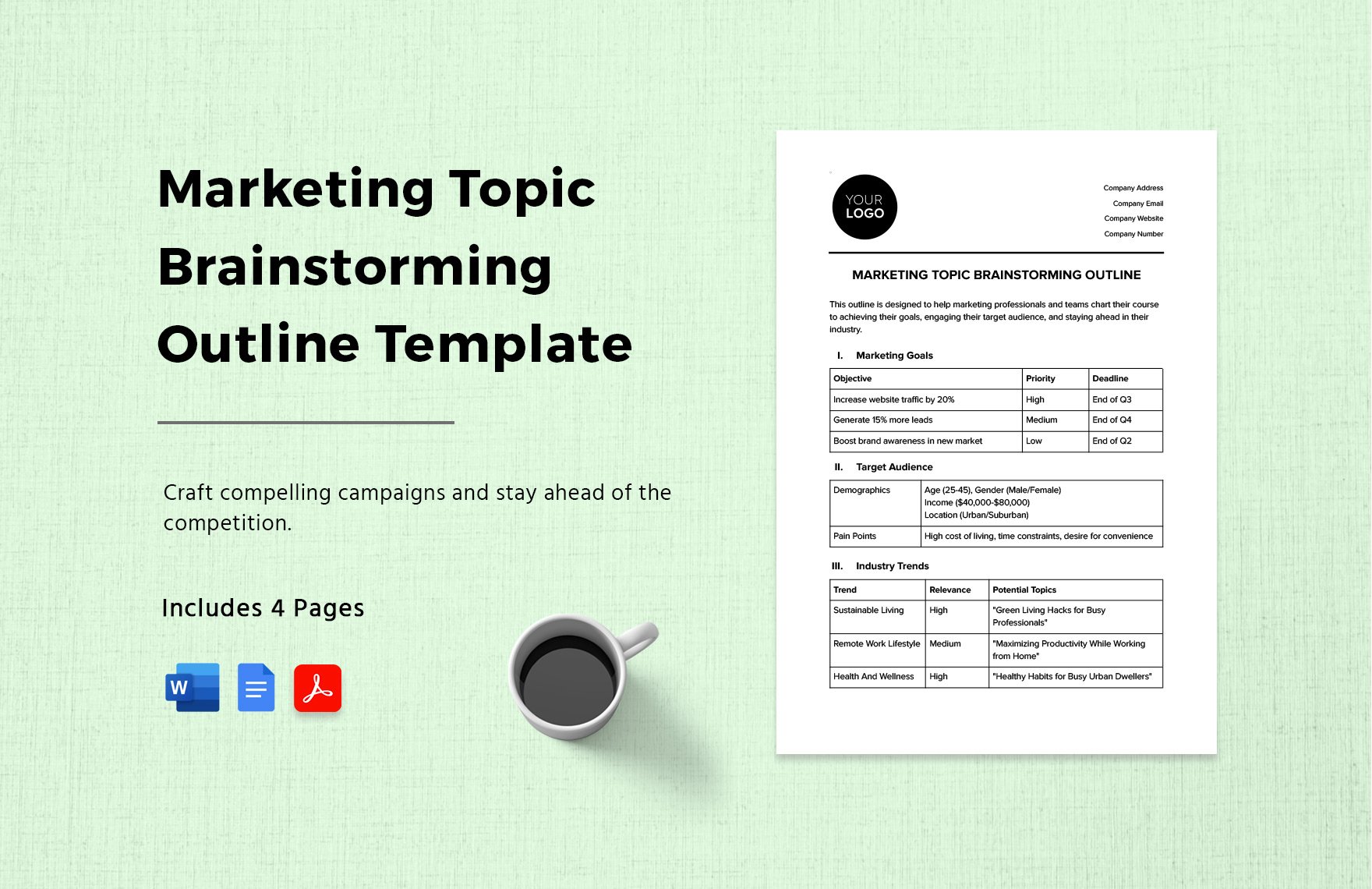 Marketing Topic Brainstorming Outline Template in Word, Google Docs, PDF