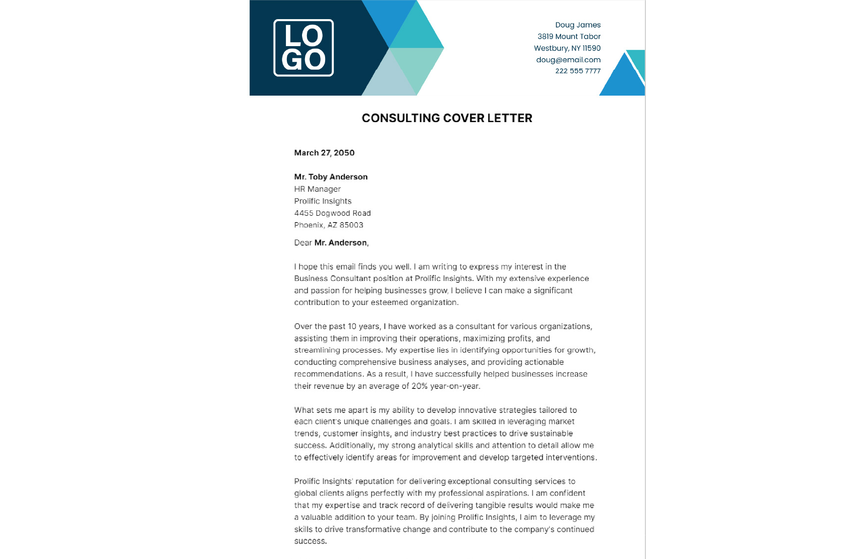 Consulting Cover Letter  Template