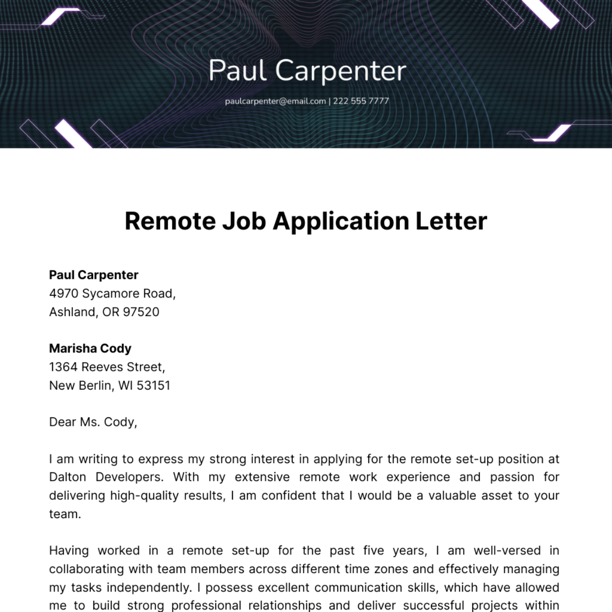 Remote Job Application Letter  Template