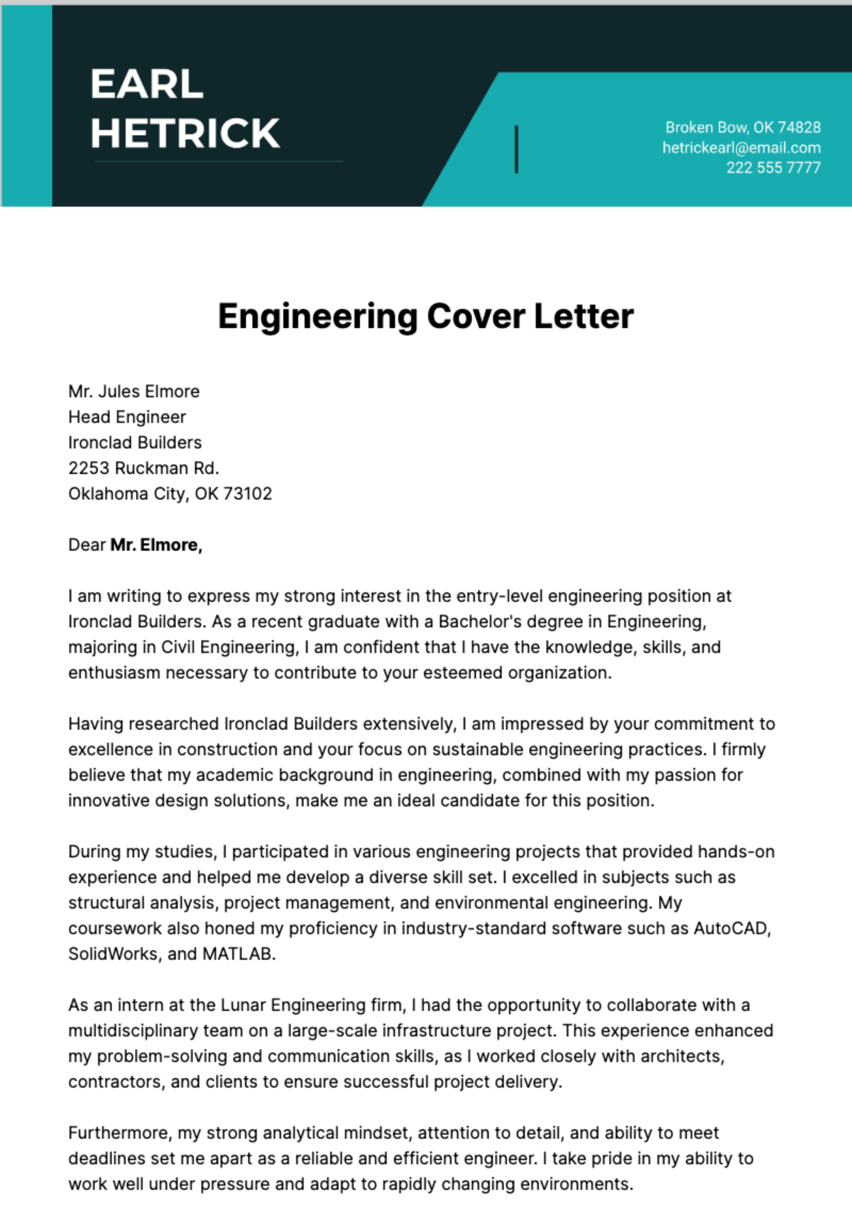 Free Engineering Cover Letter  Template