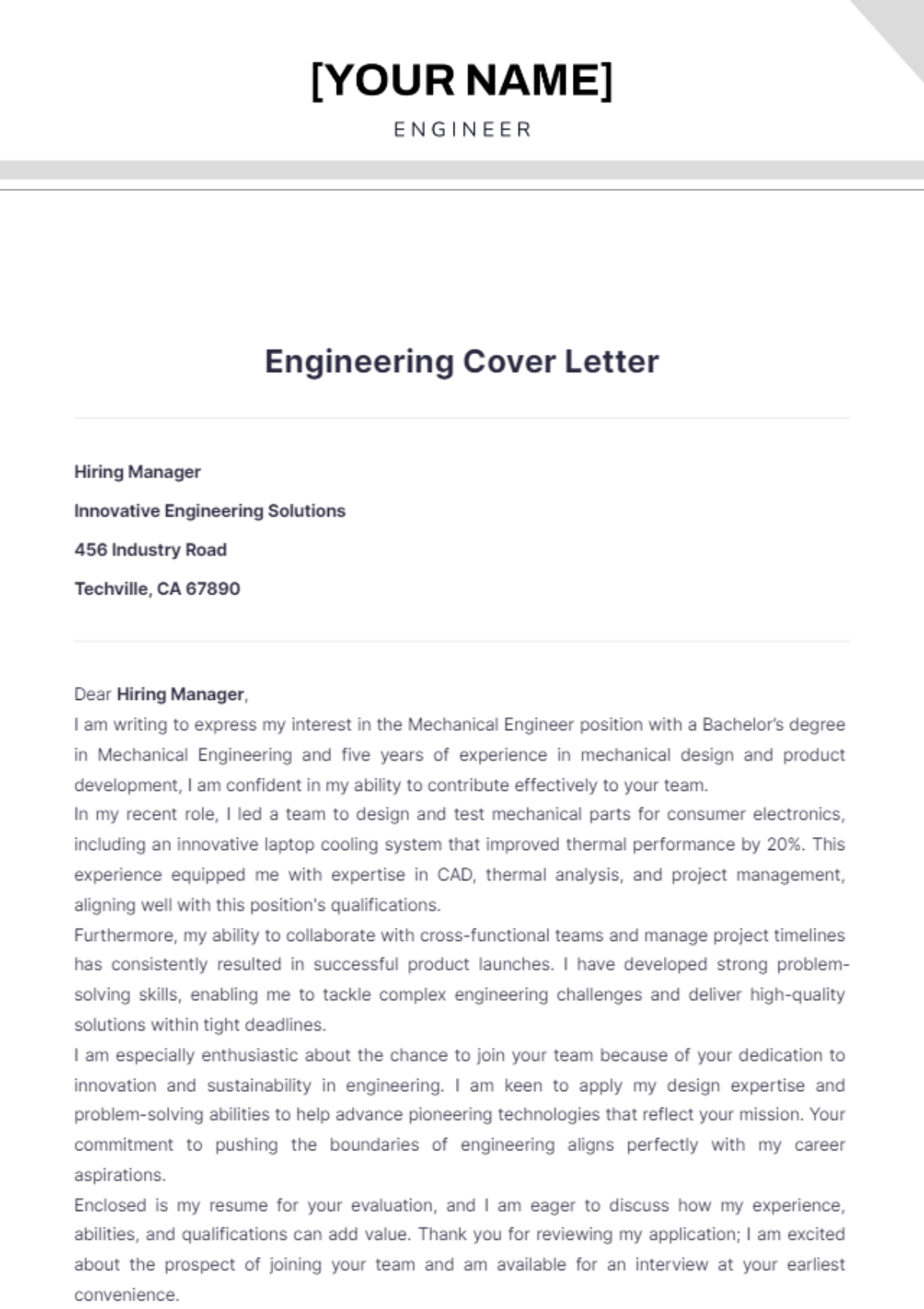 Engineering Cover Letter - Edit Online & Download