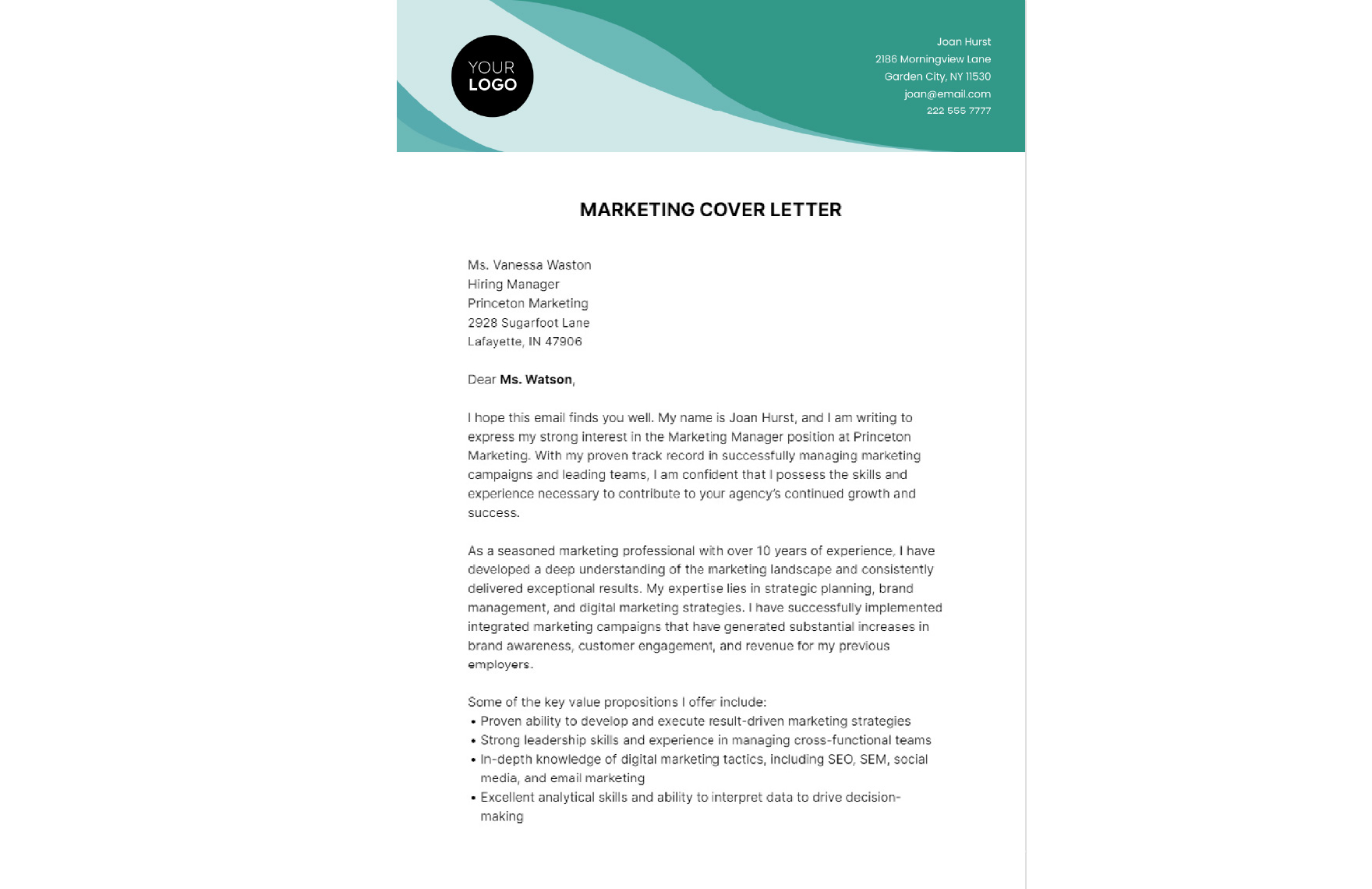 Marketing Cover Letter  Template