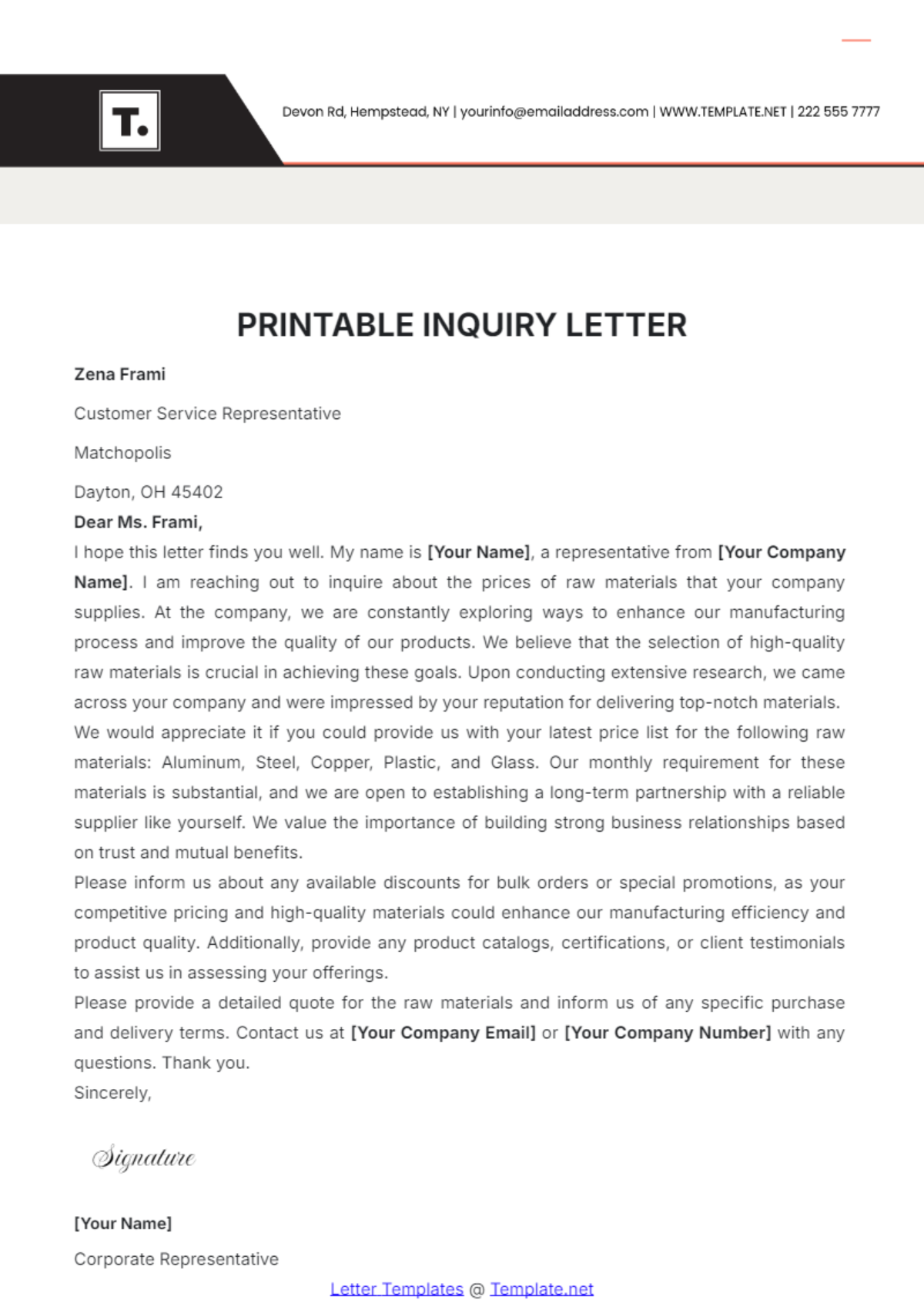 Printable Inquiry Letter Template - Edit Online & Download